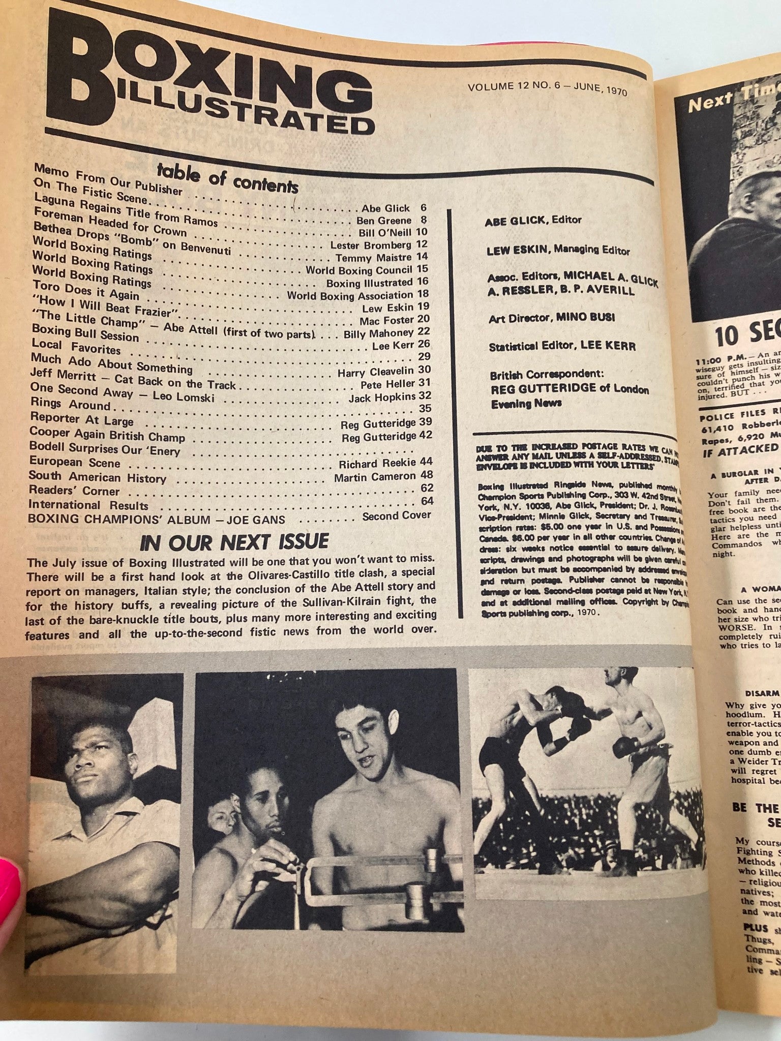 Inside page of VTG Boxing Illustrated Magazine June 1970 displaying the table of contents and highlights of the issue, featuring editorial details and upcoming boxing events.