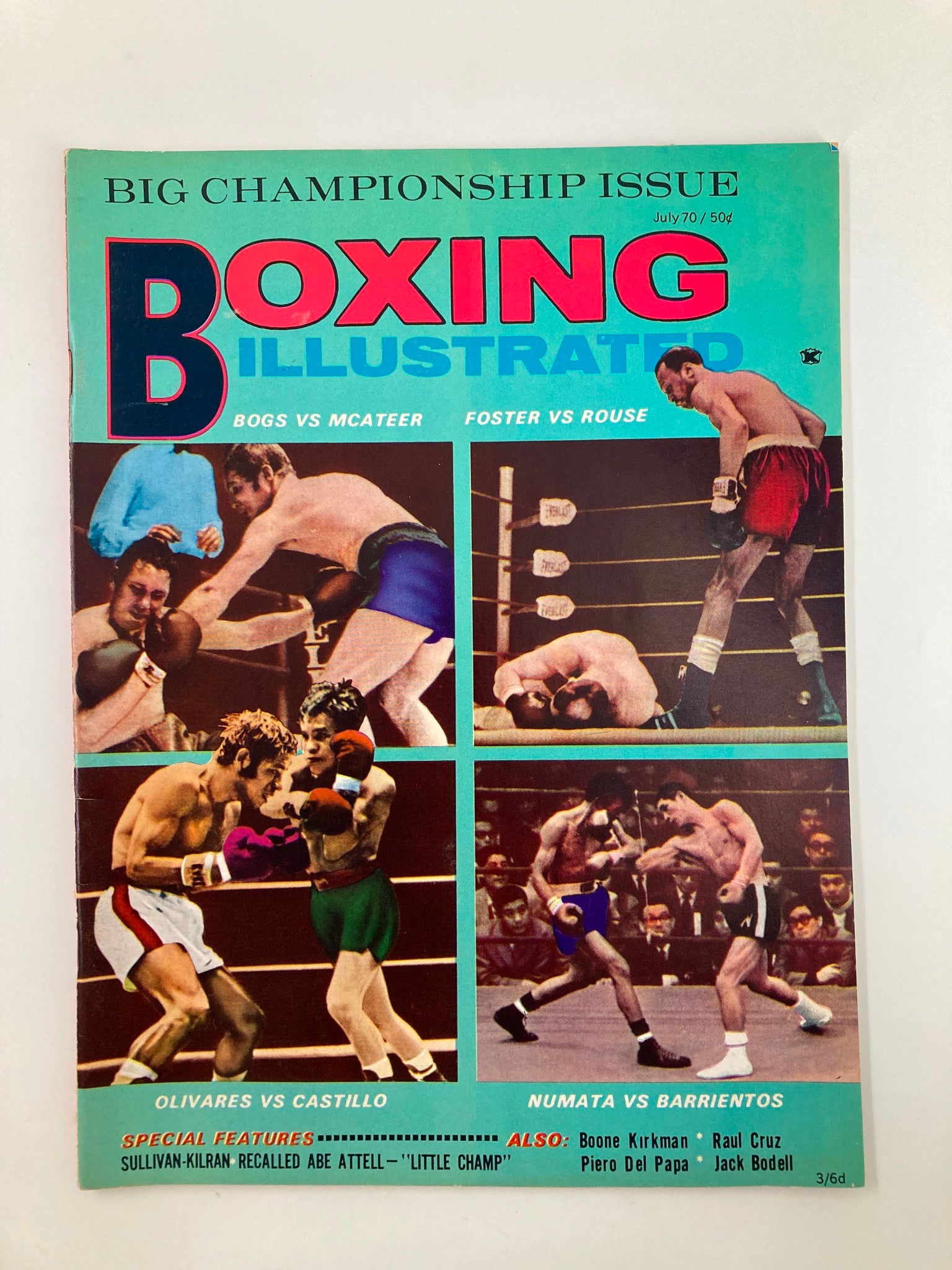 Cover of VTG Boxing Illustrated Magazine July 1970 featuring Bogs vs McAteer, with other match highlights including Foster vs Rouse, Olivares vs Castillo, and Numata vs Barrientos.