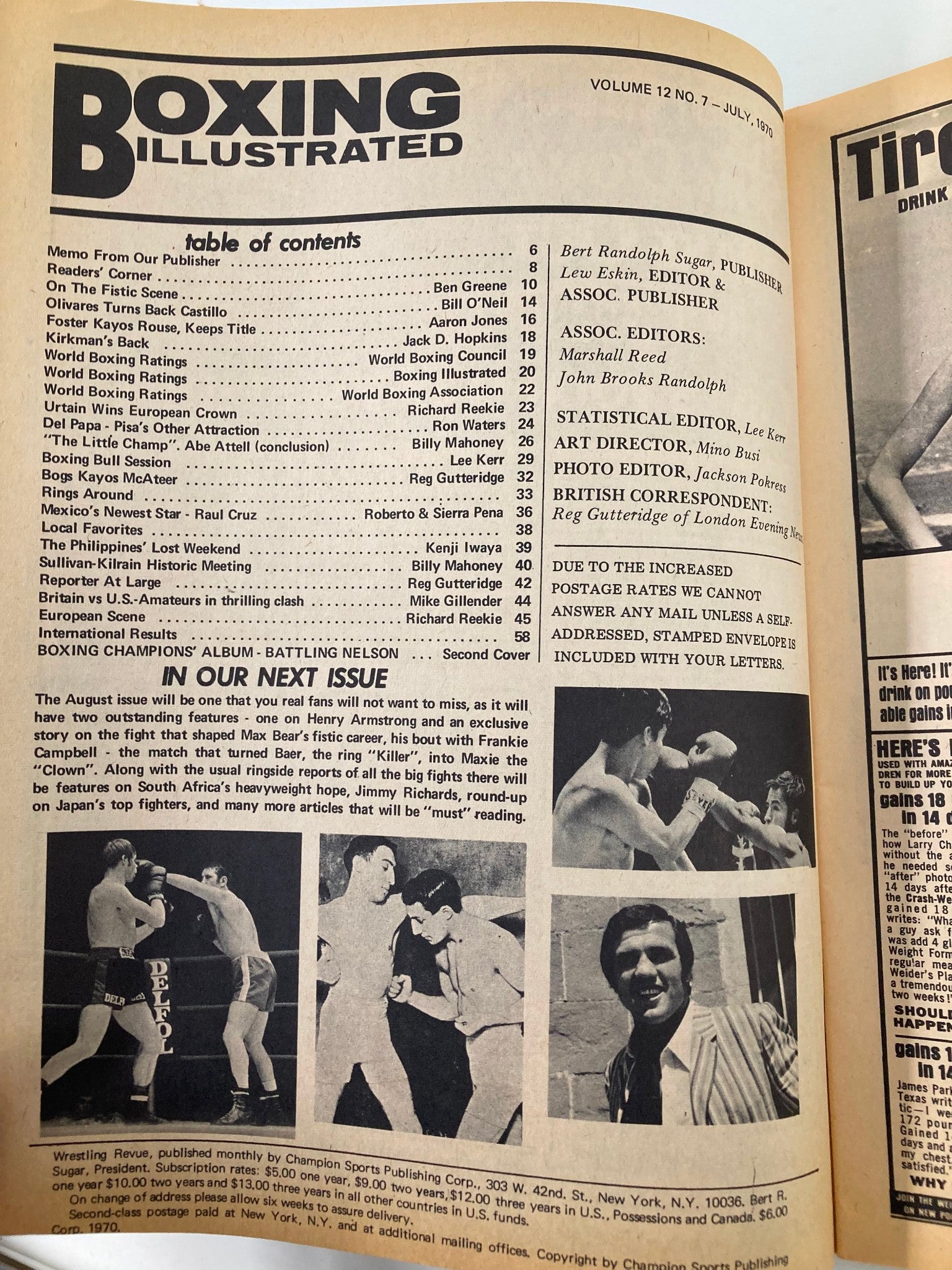 Table of contents from the VTG Boxing Illustrated Magazine July 1970, detailing articles including Bogs vs McAteer and upcoming features along with a vintage boxer's photo.