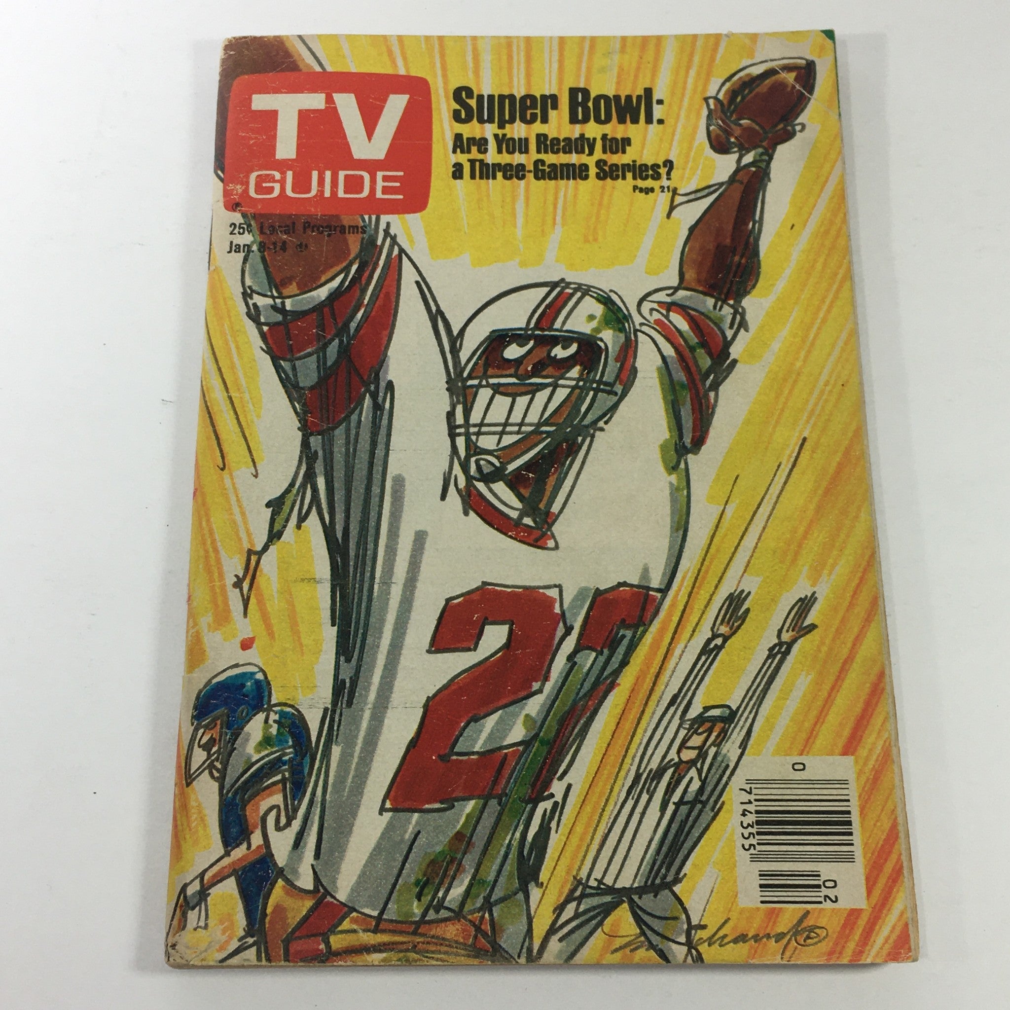 Vintage TV Guide Magazine January 8-14, 1977 featuring Super Bowl cover illustration with a football player and referee.