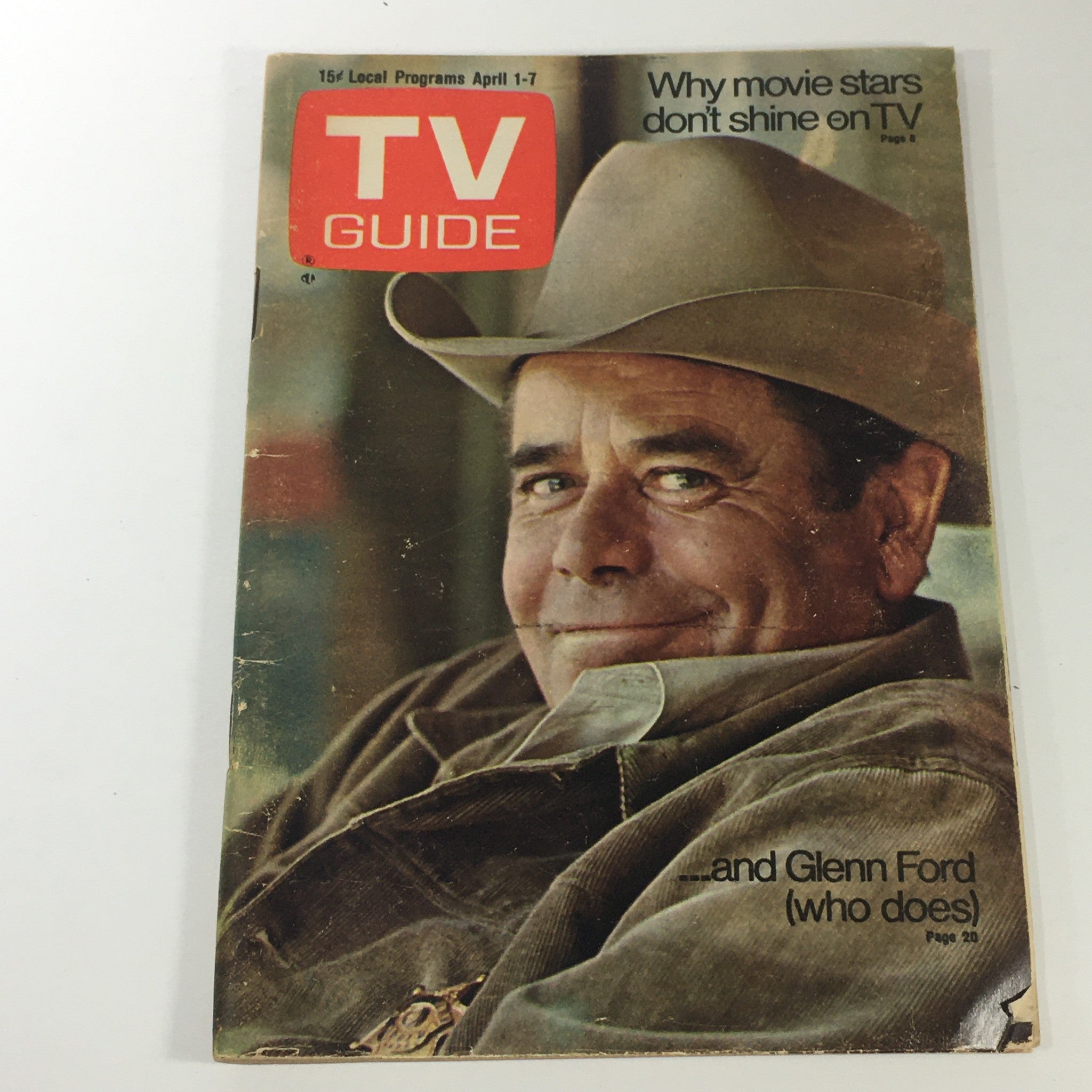 Vintage TV Guide magazine cover for April 1-7, 1972, featuring Glenn Ford, showcasing the TV Guide logo and article titles including 'Why movie stars don't shine on TV'.