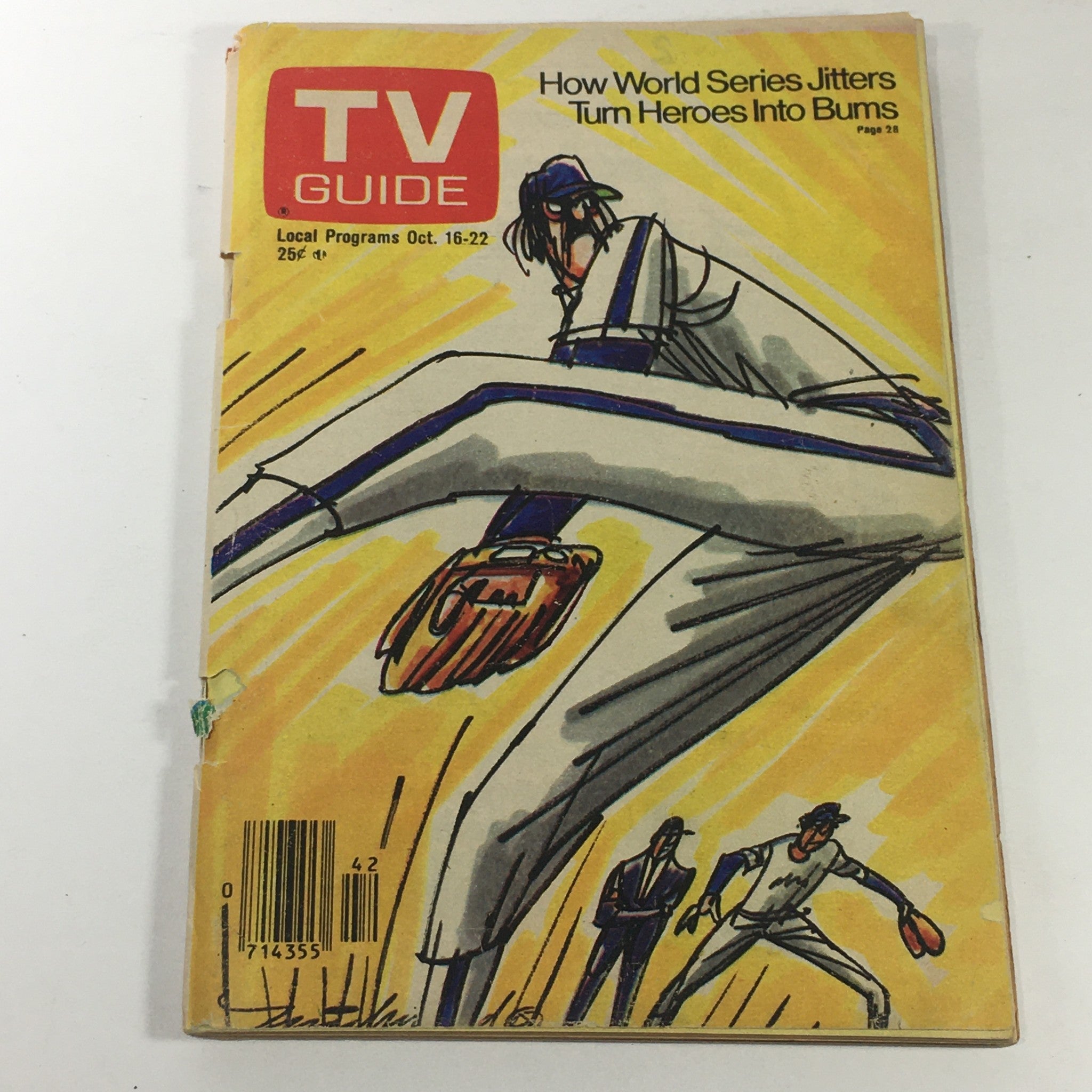 Vintage TV Guide magazine cover from October 16-22, 1976, Vol. 24 #42, featuring the theme 'World Series Jitters' and depicting a baseball player.