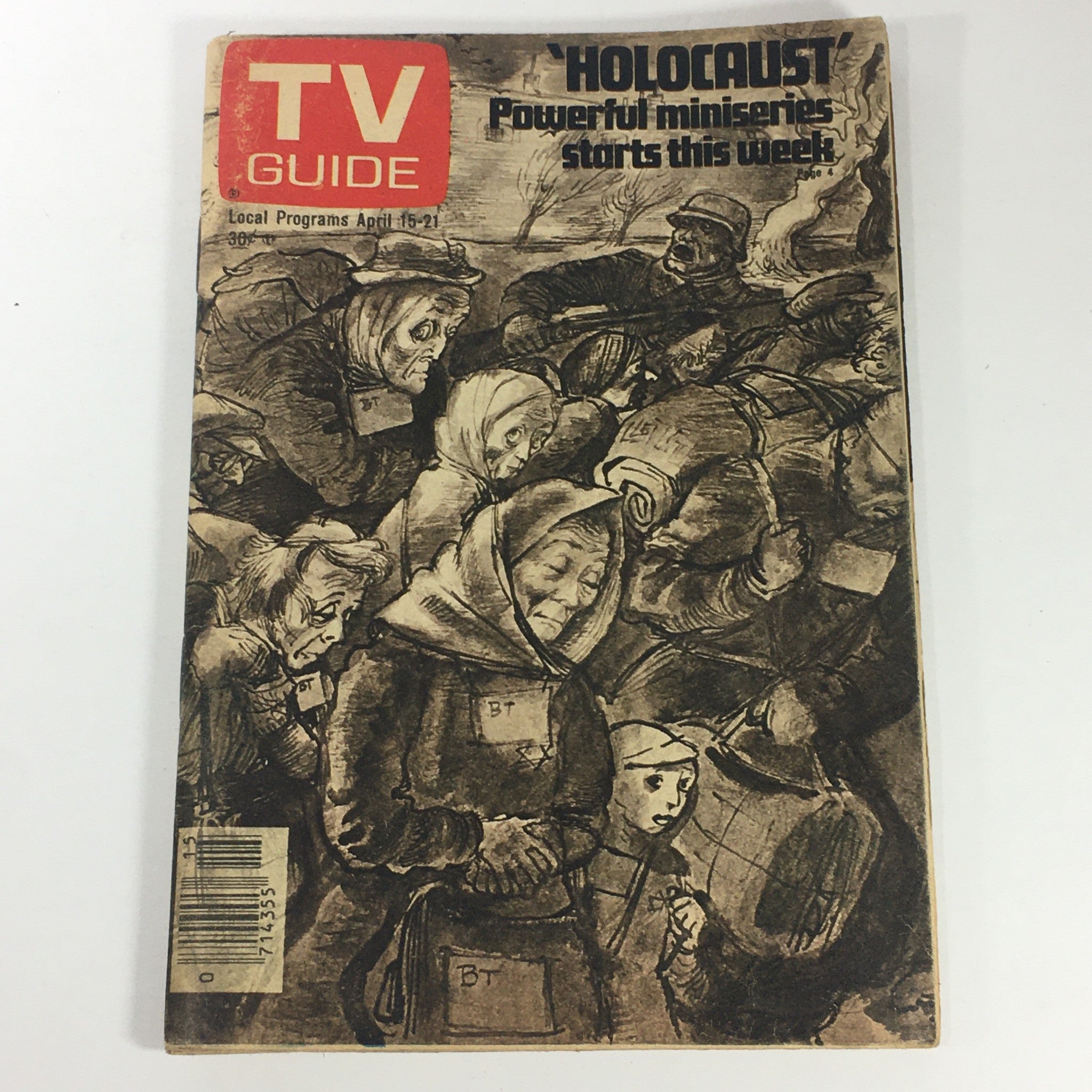 TV Guide Magazine cover from April 15-21, 1978, Volume 26, Issue 15, featuring artwork highlighting the 'Holocaust' miniseries. The cover illustrates poignant scenes related to the historical event, capturing the somber theme of the issue.