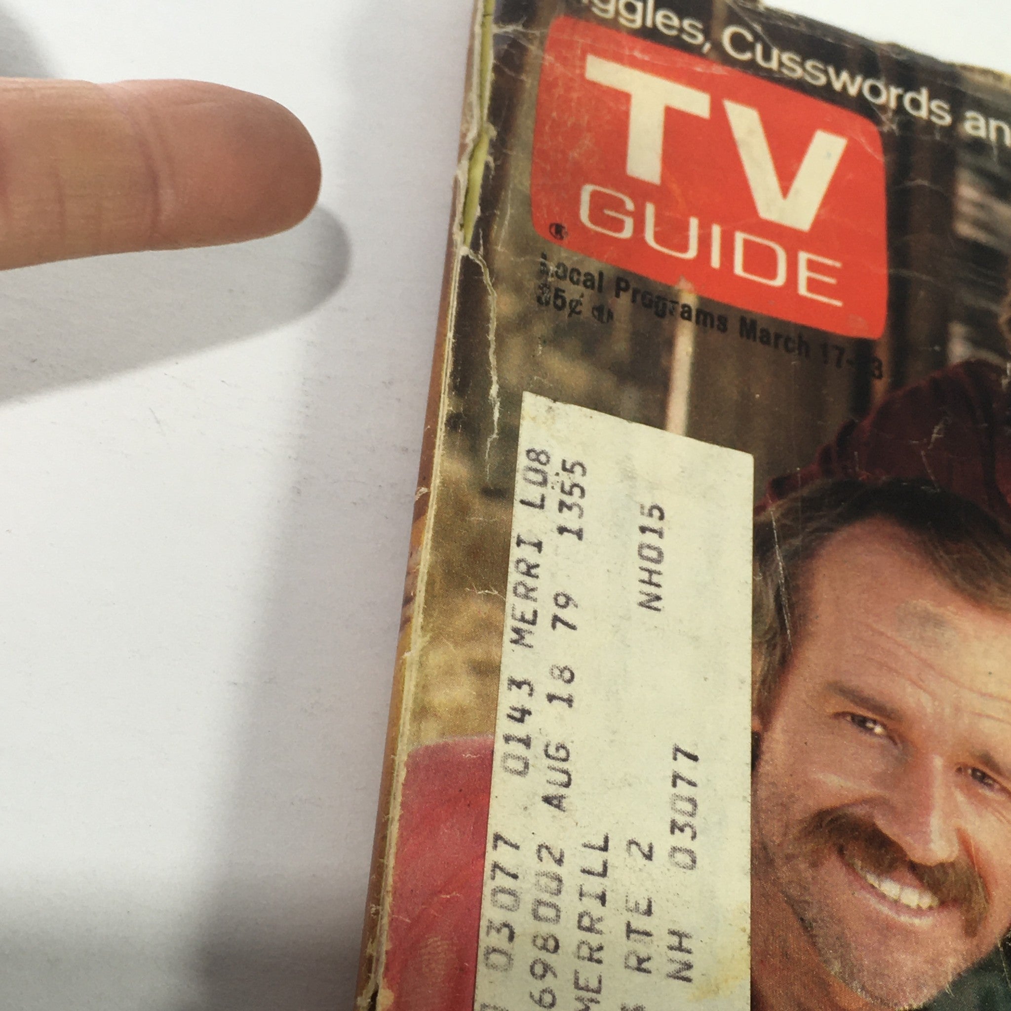 Close-up of the TV Guide Magazine March 17-23 1979 cover featuring the title and a sticker, highlighting the vintage aspects and collectible value.