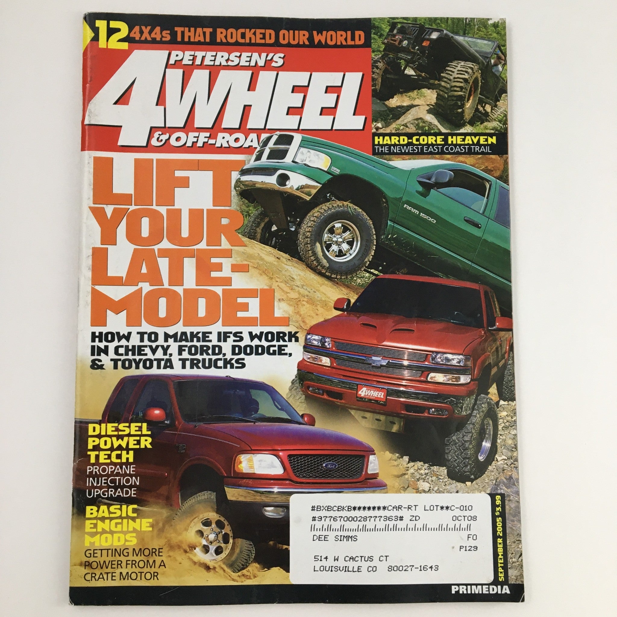 Cover of Petersen's 4 Wheel & Off-Road Magazine, September 2005, featuring title 'Lift Your Late-Model; How to Make IFS Work in Chevy, Ford, Dodge & Toyota Trucks'. This issue offers insights on off-roading technology, showcasing articles related to vehicle modifications and performance for enthusiasts.