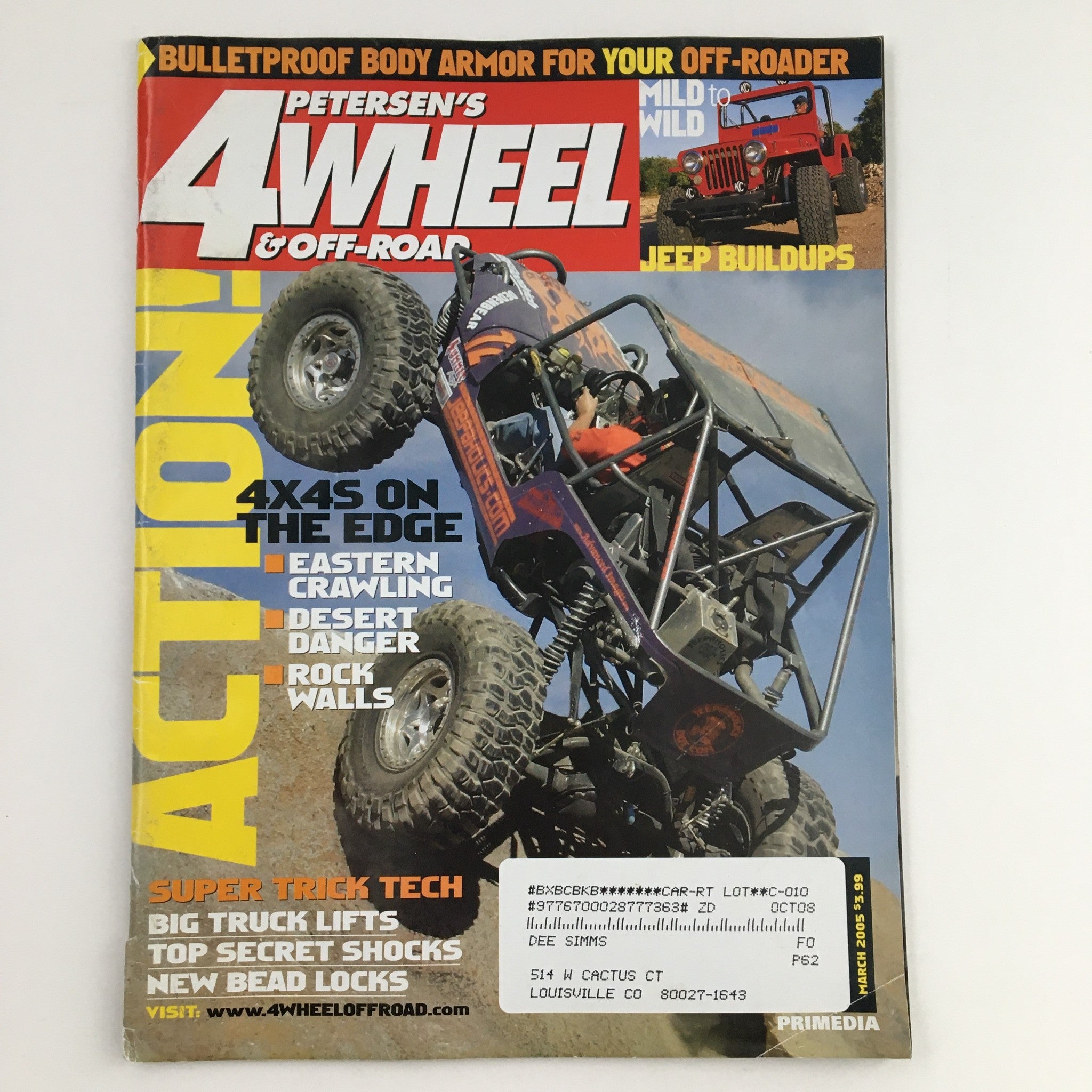 Cover of Petersen's 4 Wheel & Off-Road Magazine, March 2005 edition featuring '4x4s On The Edge' and Eastern Crawling highlights. The cover showcases an off-road vehicle navigating rugged terrain.