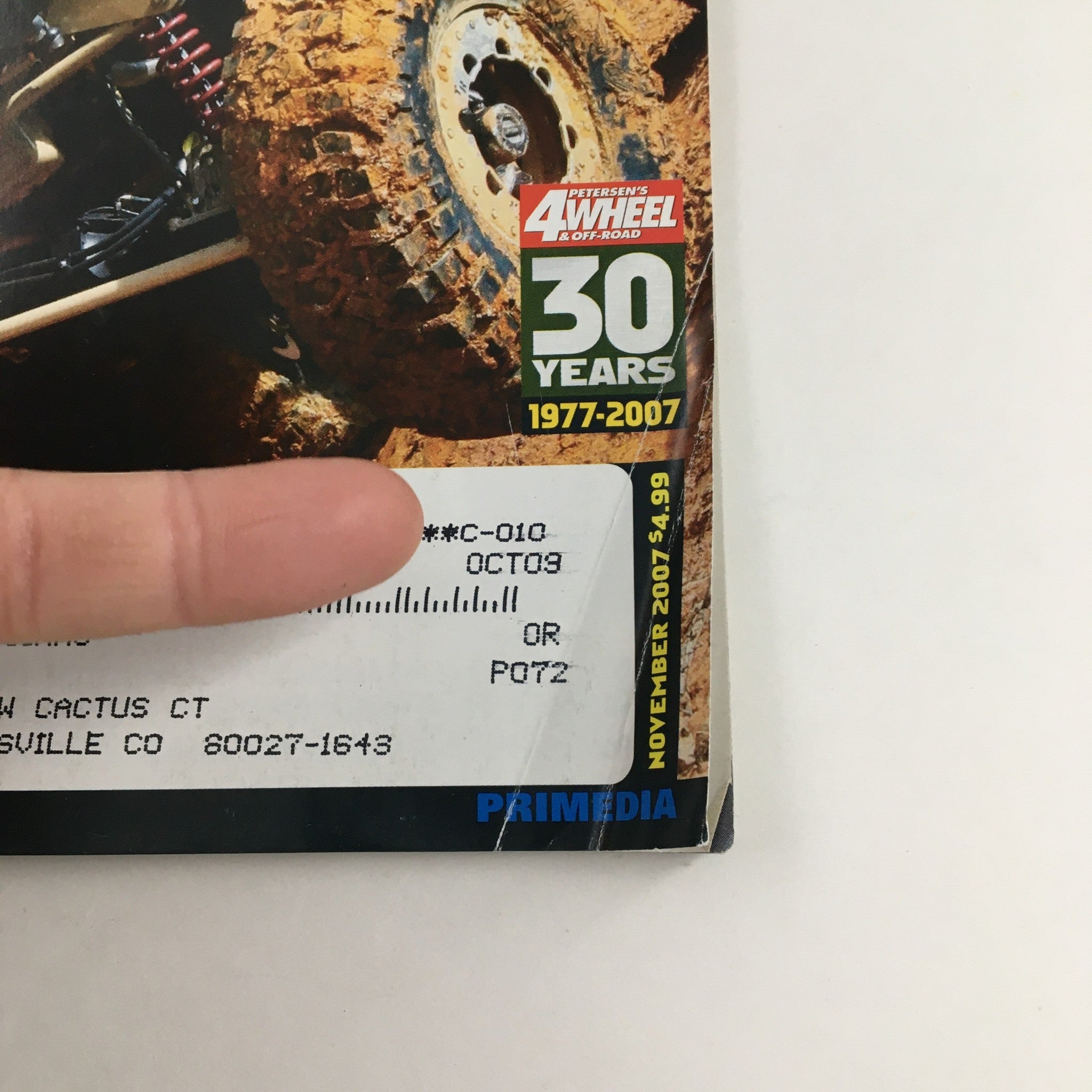 Cover of Petersen's 4 Wheel & Off-Road Magazine November 2007 featuring the title 'Mad Michigan Wheeling', showcasing off-road vehicle tires on dirt and mud, with an address label visible.
