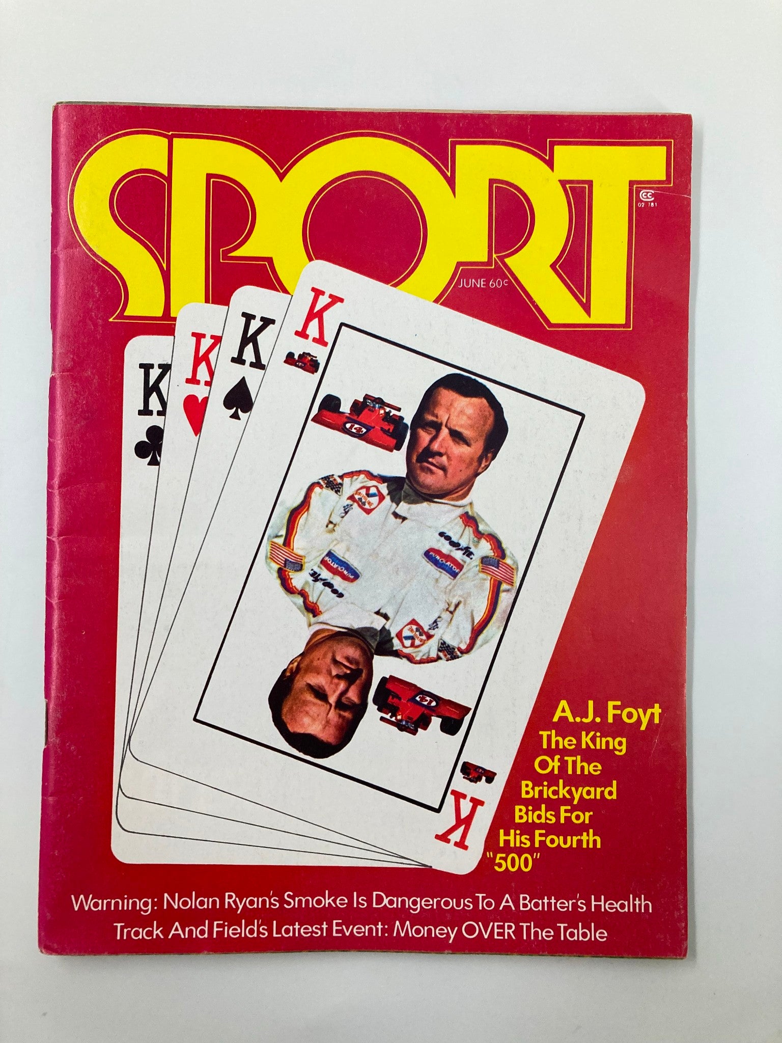 Cover of VTG Sport Magazine June 1973 Vol 55 #6 featuring A.J. Foyt, King of the Brickyard, alongside playing cards. The magazine showcases Foyt's significance in motorsports.