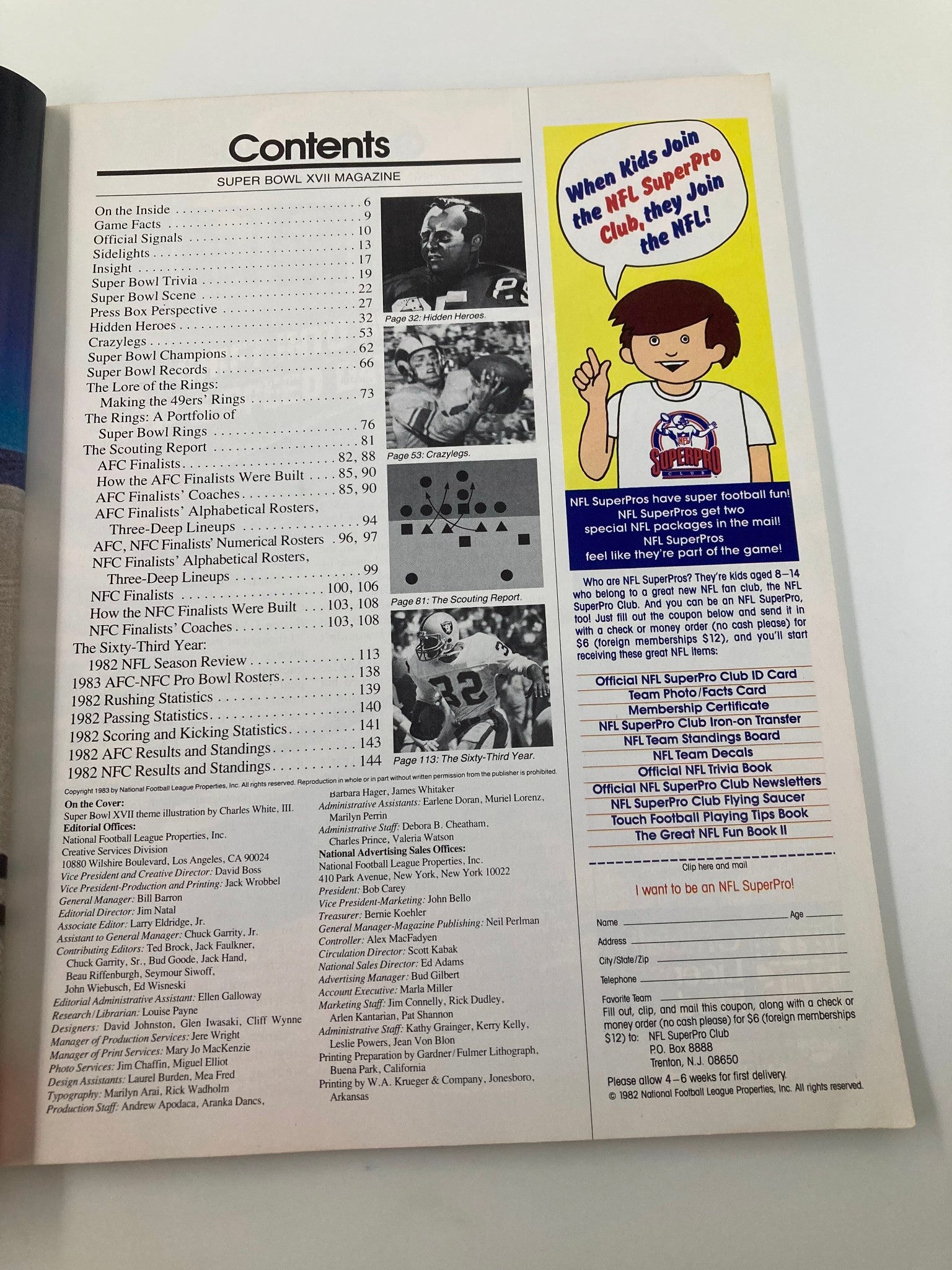 Contents page of the 1982 NFL Super Bowl XVII Magazine detailing sections including game facts, officials, and player statistics for the AFC vs NFC championship.