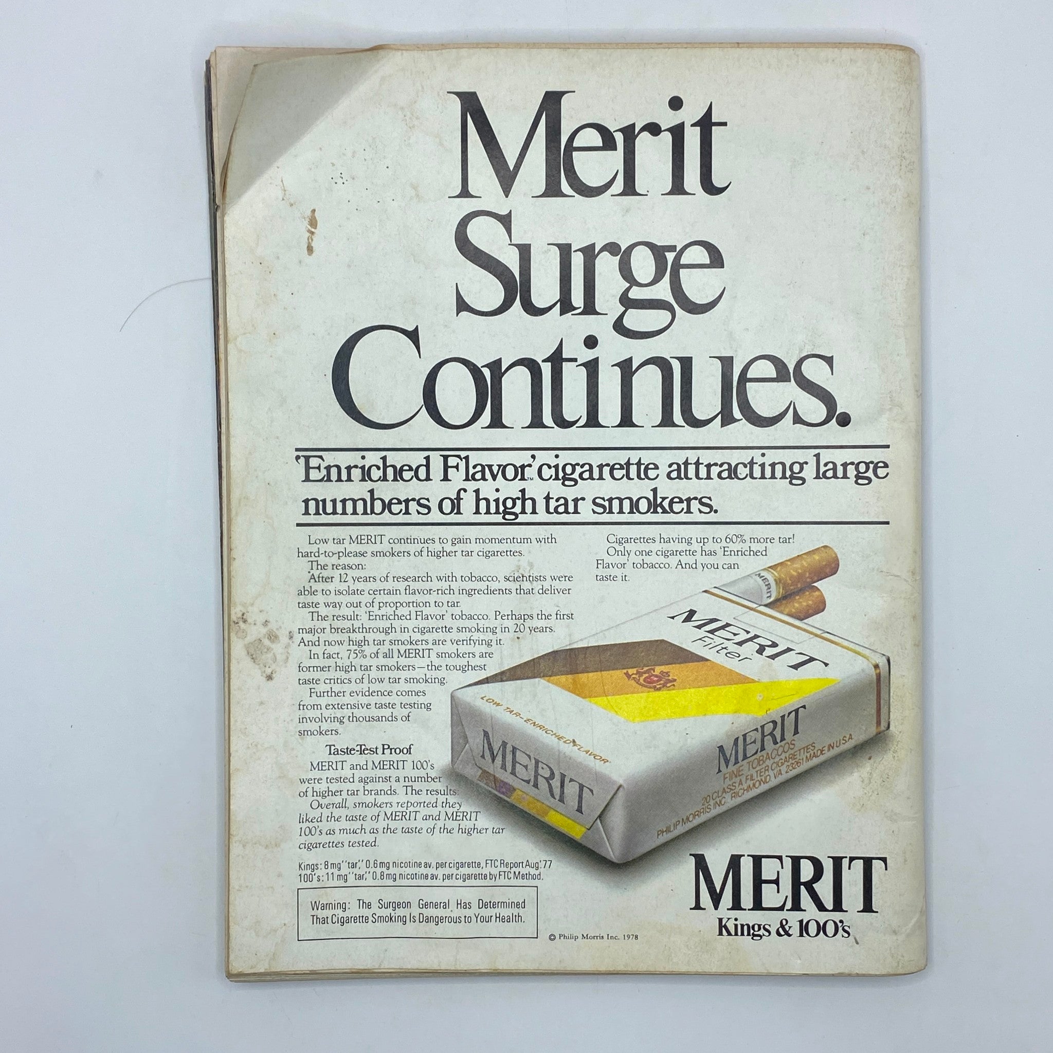Back cover of the VTG Playboy Magazine April 1978 displaying an advertisement for Merit cigarettes, highlighting the product's features and branding.
