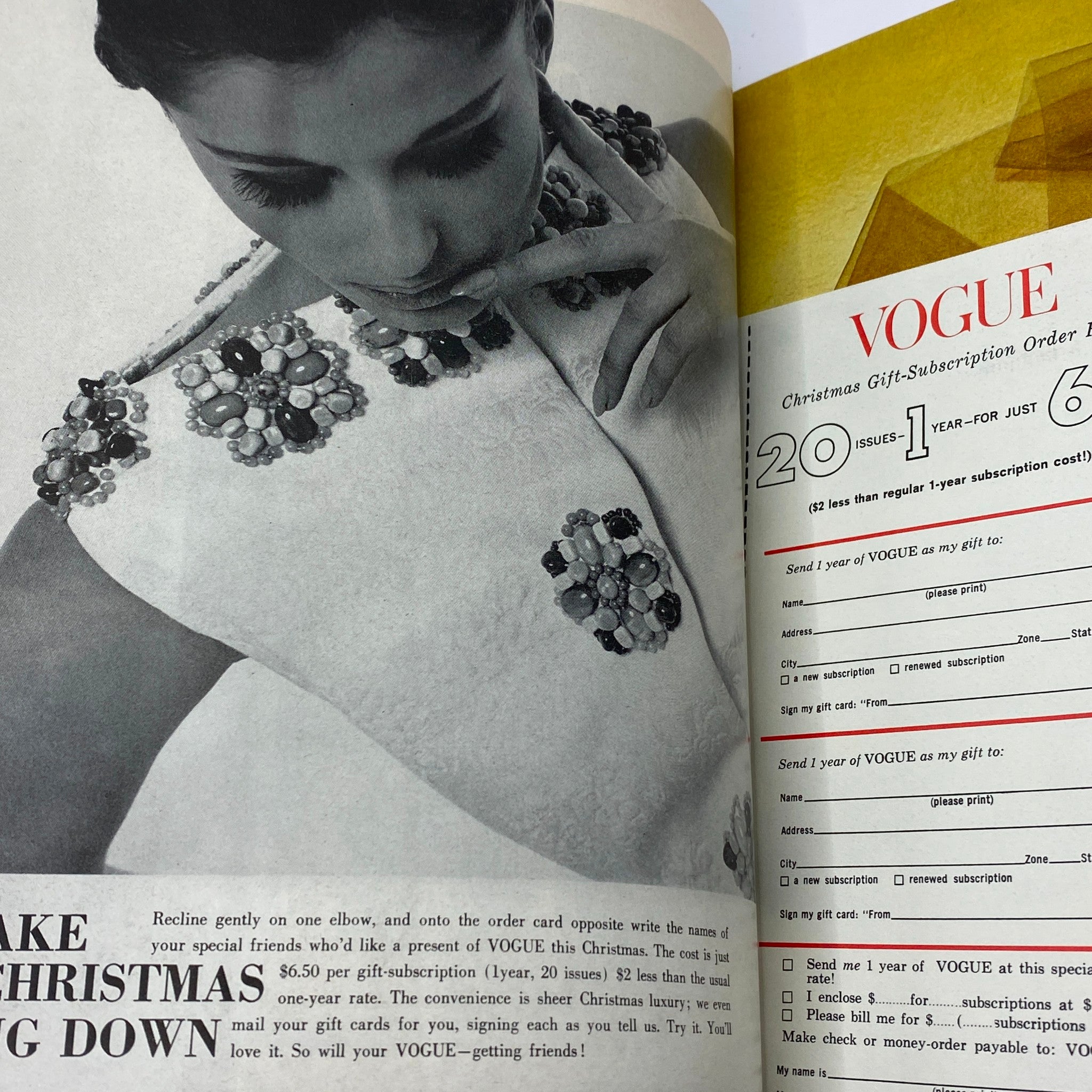 Interior page of the VTG Vogue Magazine from November 15, 1963, featuring a model wearing a beaded garment, promoting a Christmas gift subscription to Vogue.