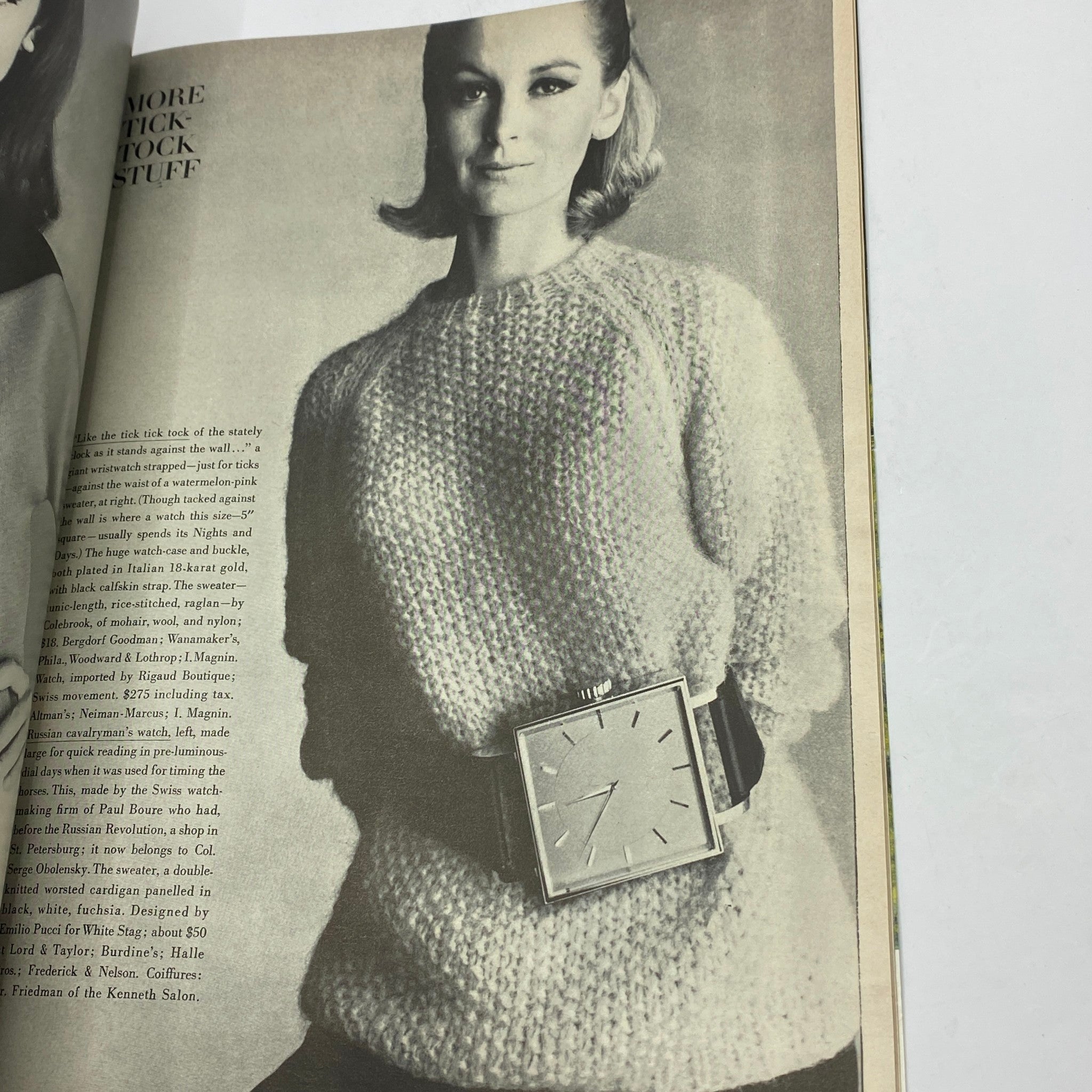 Interior page of the VTG Vogue Magazine from November 15, 1963, displaying a close-up of a model in a knit sweater, emphasizing the knitted fashion trends of the era.