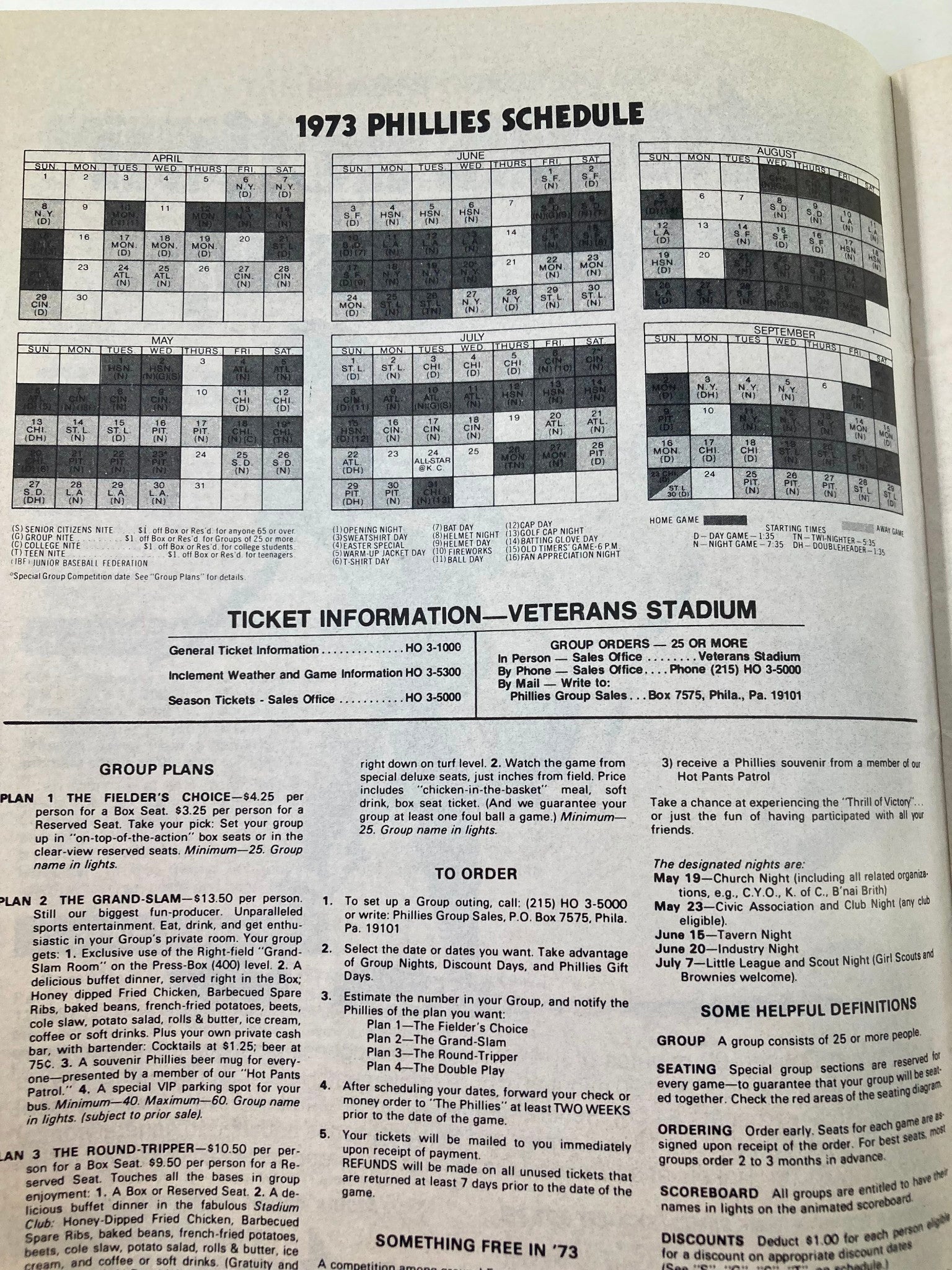 1973 MLB Philadelphia Phillies Magazine showing the complete schedule for the Philadelphia Phillies, highlighting game dates and ticketing information.