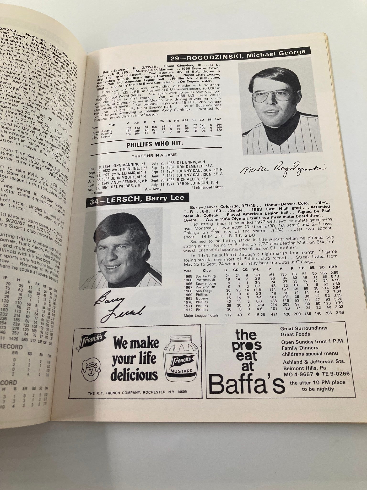 1973 MLB Philadelphia Phillies Magazine showcasing player profiles, featuring Michael Rogodzinski and Barry Lersch with career details.