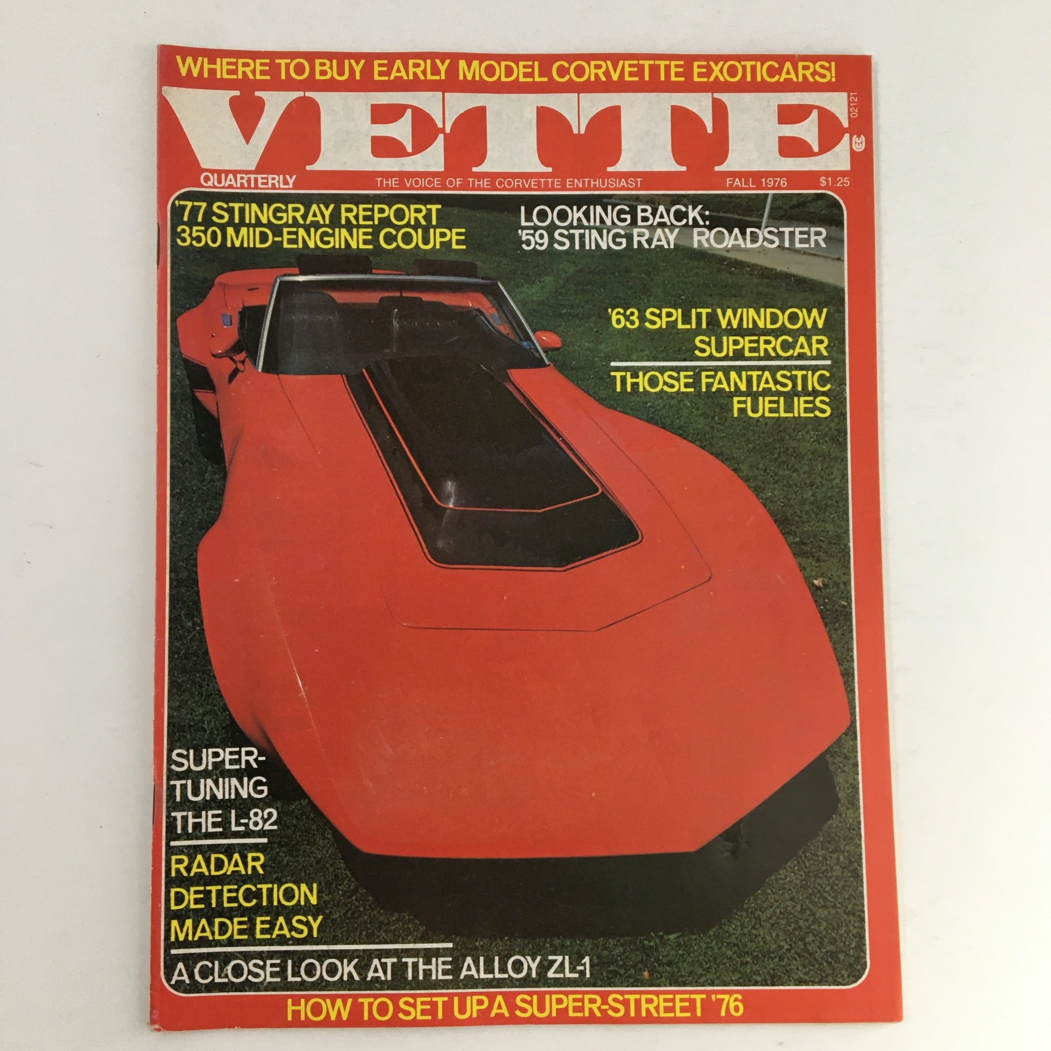 Vette Magazine Fall 1976 cover featuring the '77 Stingray Report on the 350 Mid-Engine Coupe, with a bright red Corvette displayed against a green backdrop, showcasing automotive history and classic car culture.