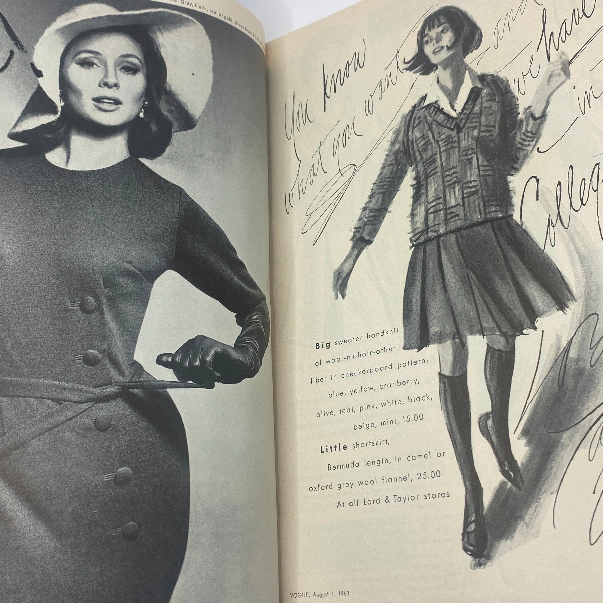 VTG Vogue Magazine August 1 1963 featuring elegant fashion illustrations and vintage styles, showcasing models wearing wool and mohair outfits with distinctive accessories.