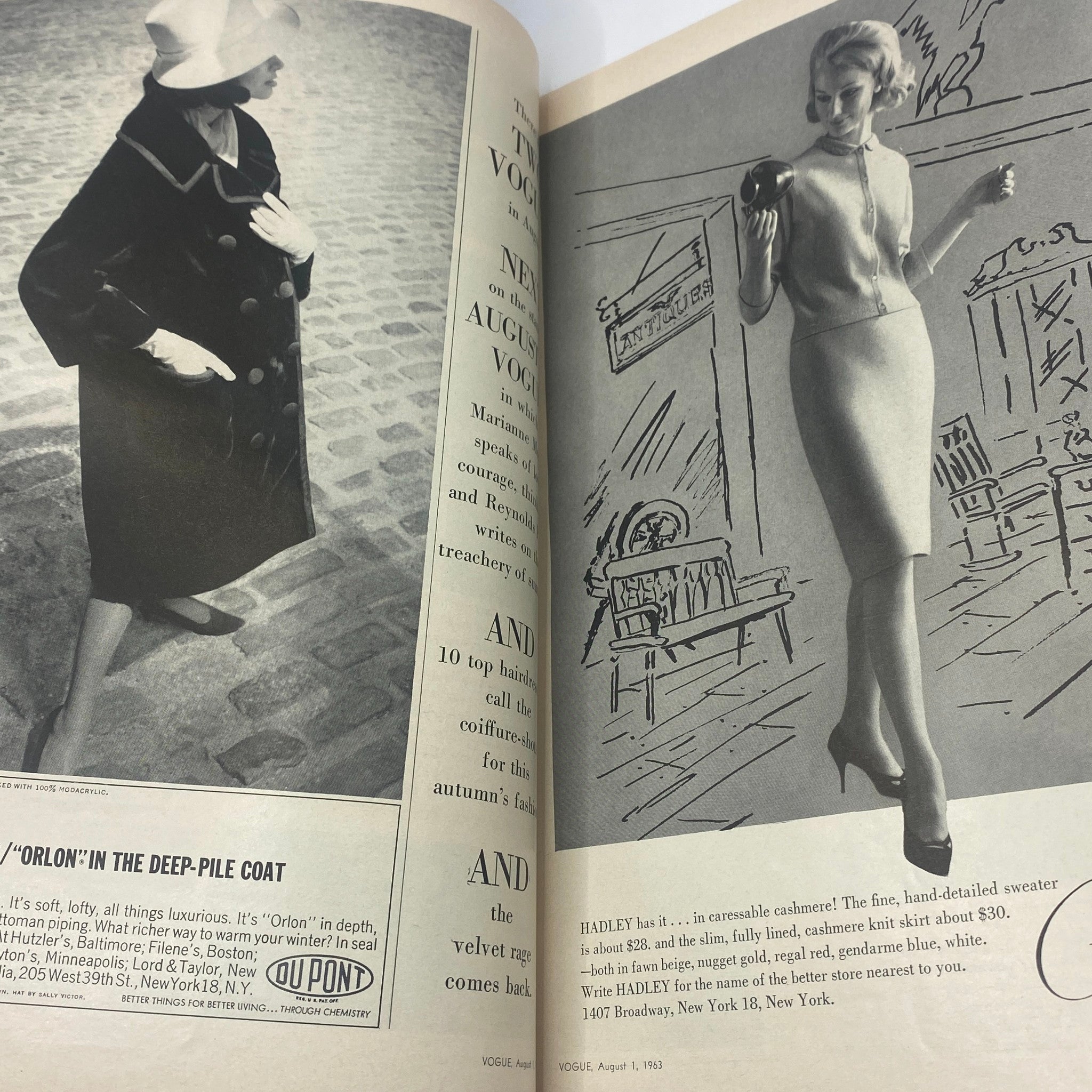 VTG Vogue Magazine August 1 1963 featuring a model in a luxurious coat and stylish attire, capturing the essence of 1960s fashion design in vintage publication.