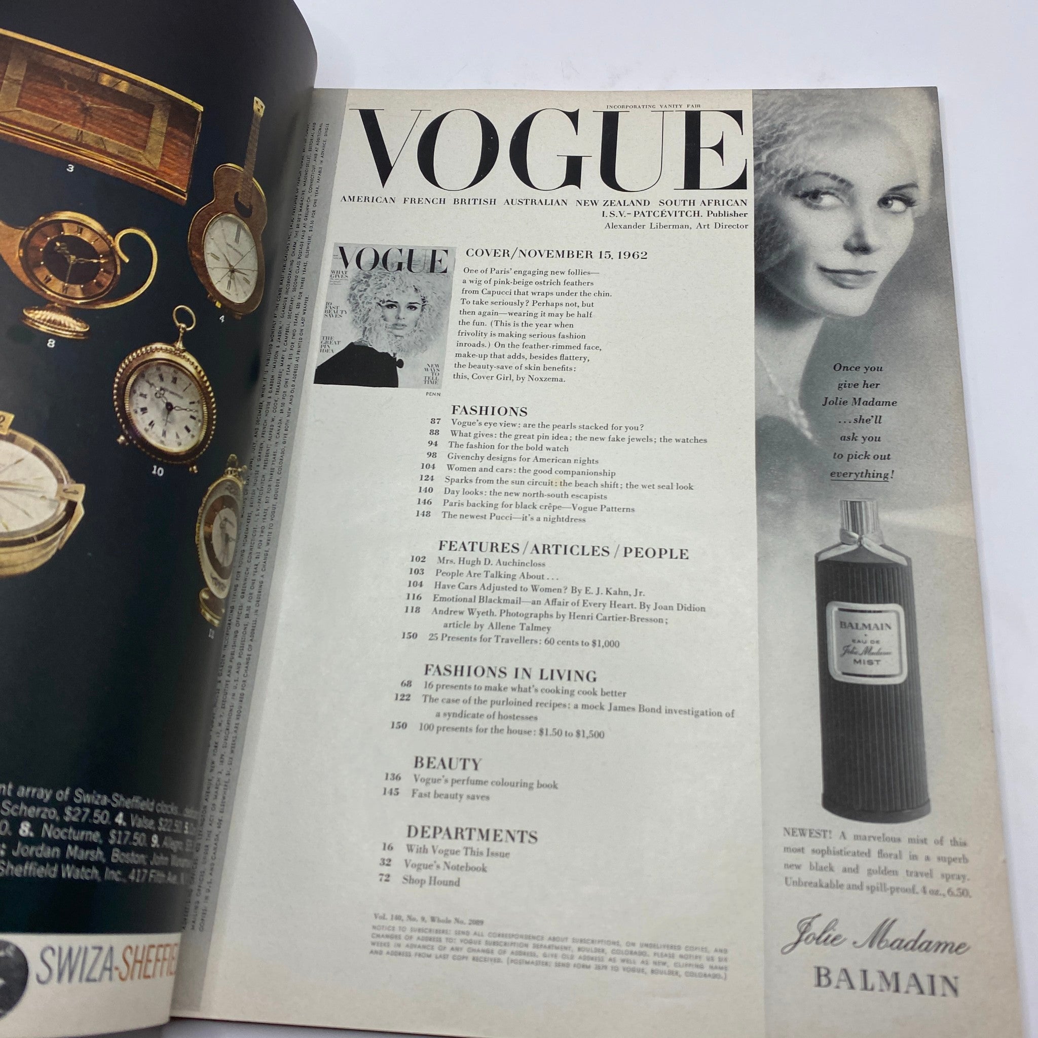 Inside page of VTG Vogue Magazine November 15 1962 showcasing features and articles including fashion and lifestyle.