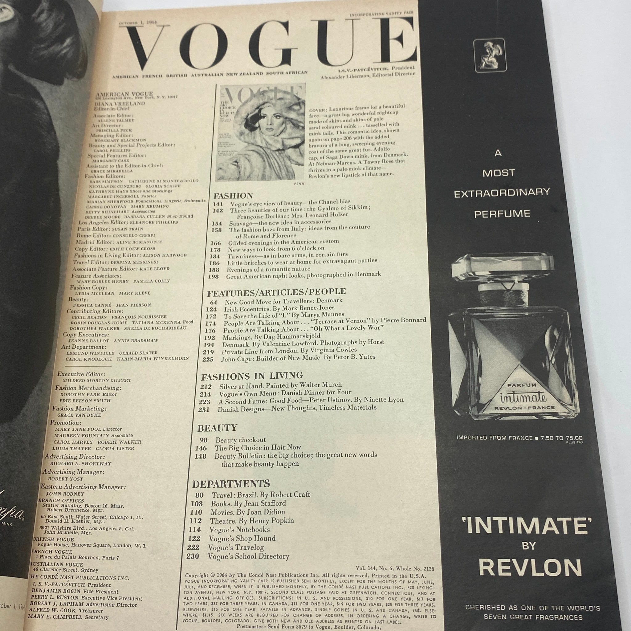 Inside page of VTG Vogue Magazine October 1 1964 featuring magazine contents and advertisements, showcasing fashion and beauty articles.