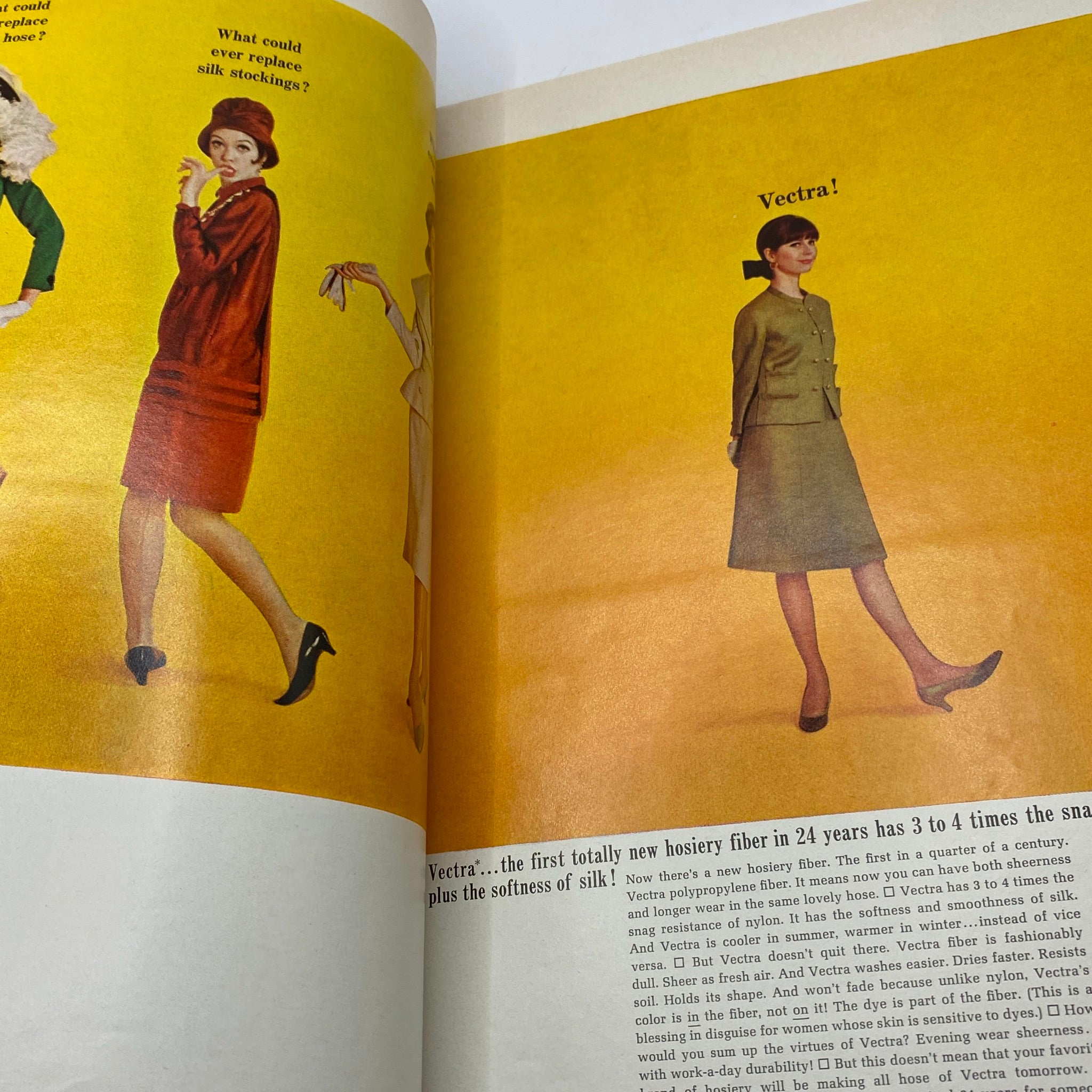 Fashion advertisement from VTG Vogue Magazine October 1 1964 featuring models showcasing stylish outfits against a vibrant yellow backdrop.