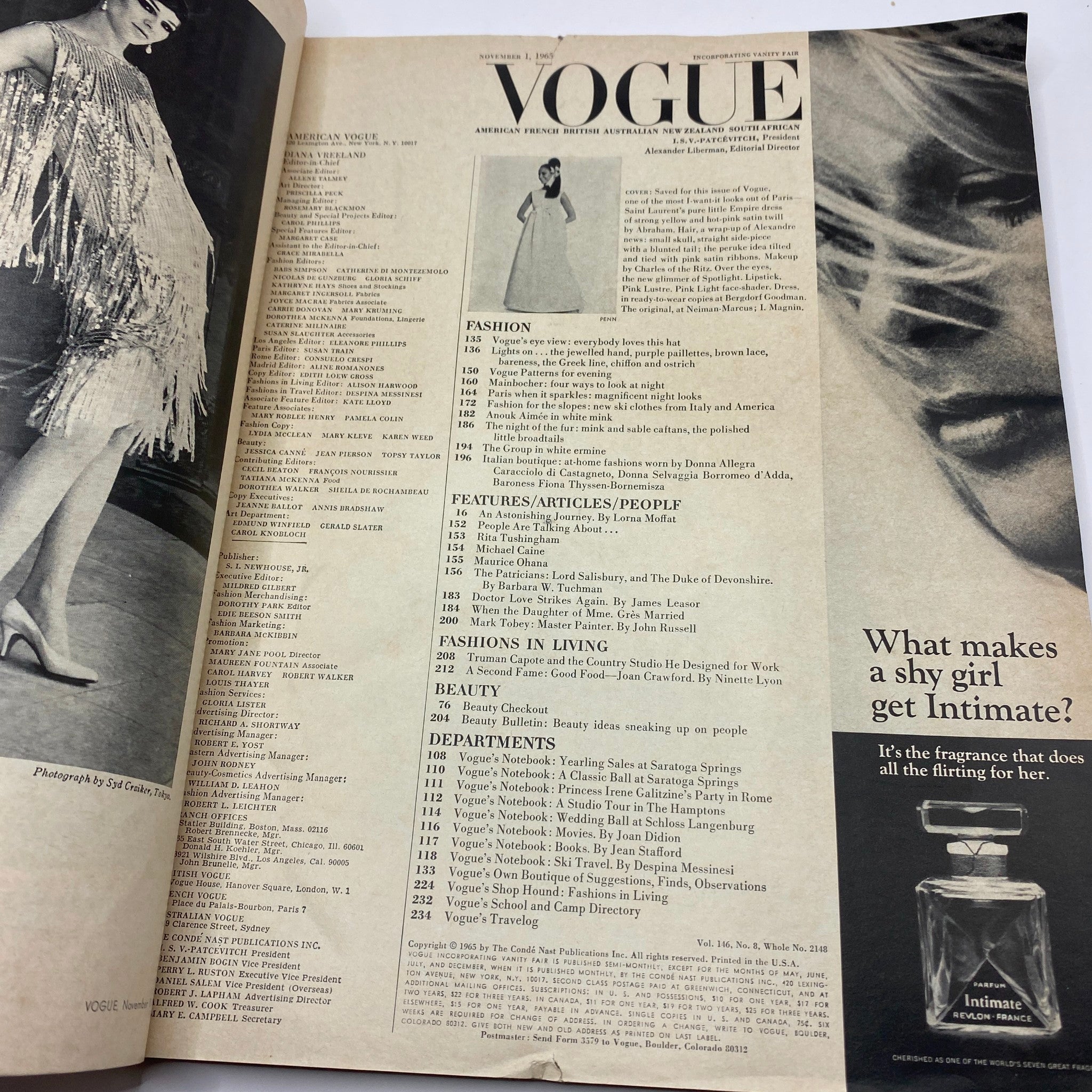 VTG Vogue Magazine November 1965 Brigitte Bauer by Irving Penn featuring contents page with fashion articles and advertisements.