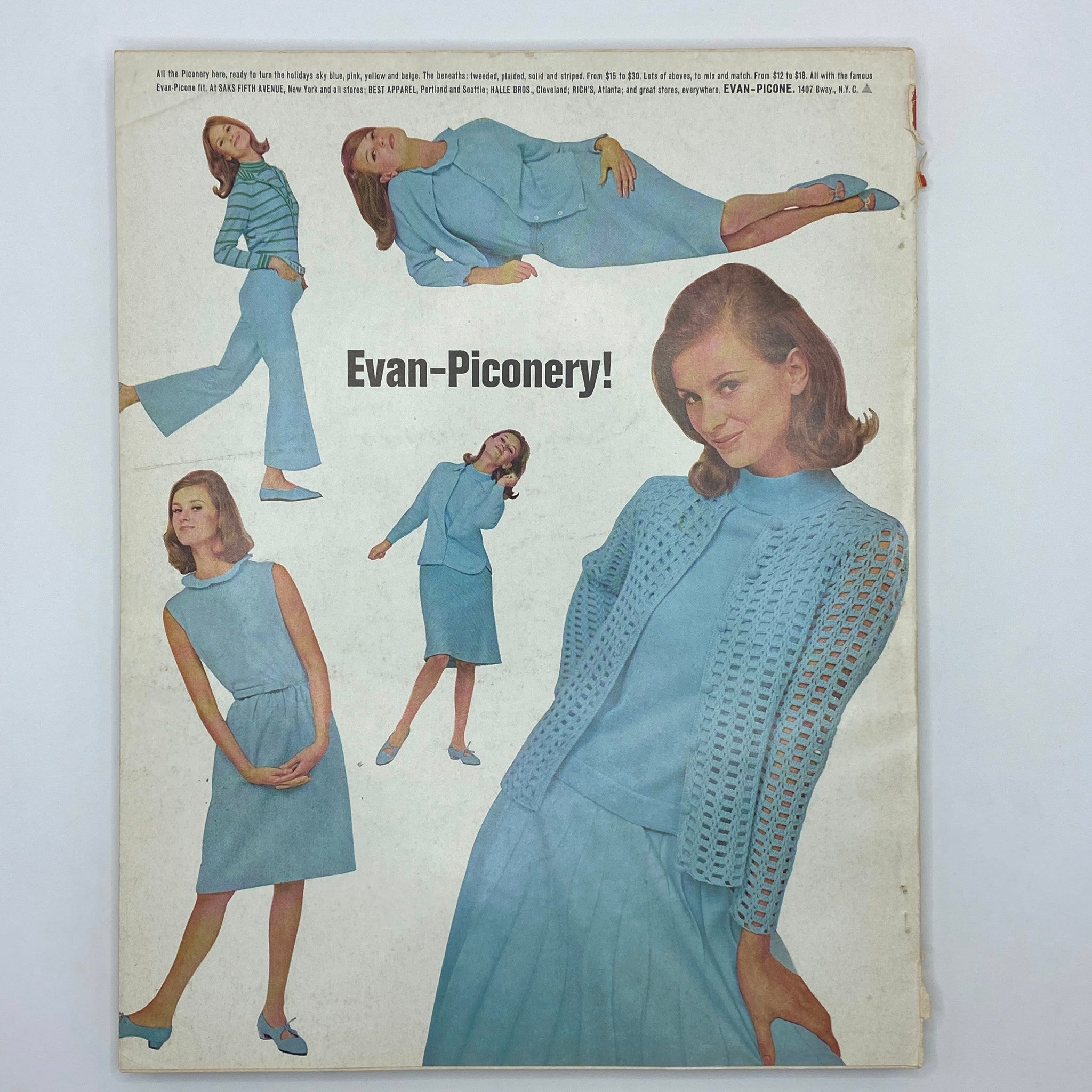 VTG Vogue Magazine November 1965 Brigitte Bauer by Irving Penn displaying an advertisement for Evan-Piconery fashion with models in blue outfits.