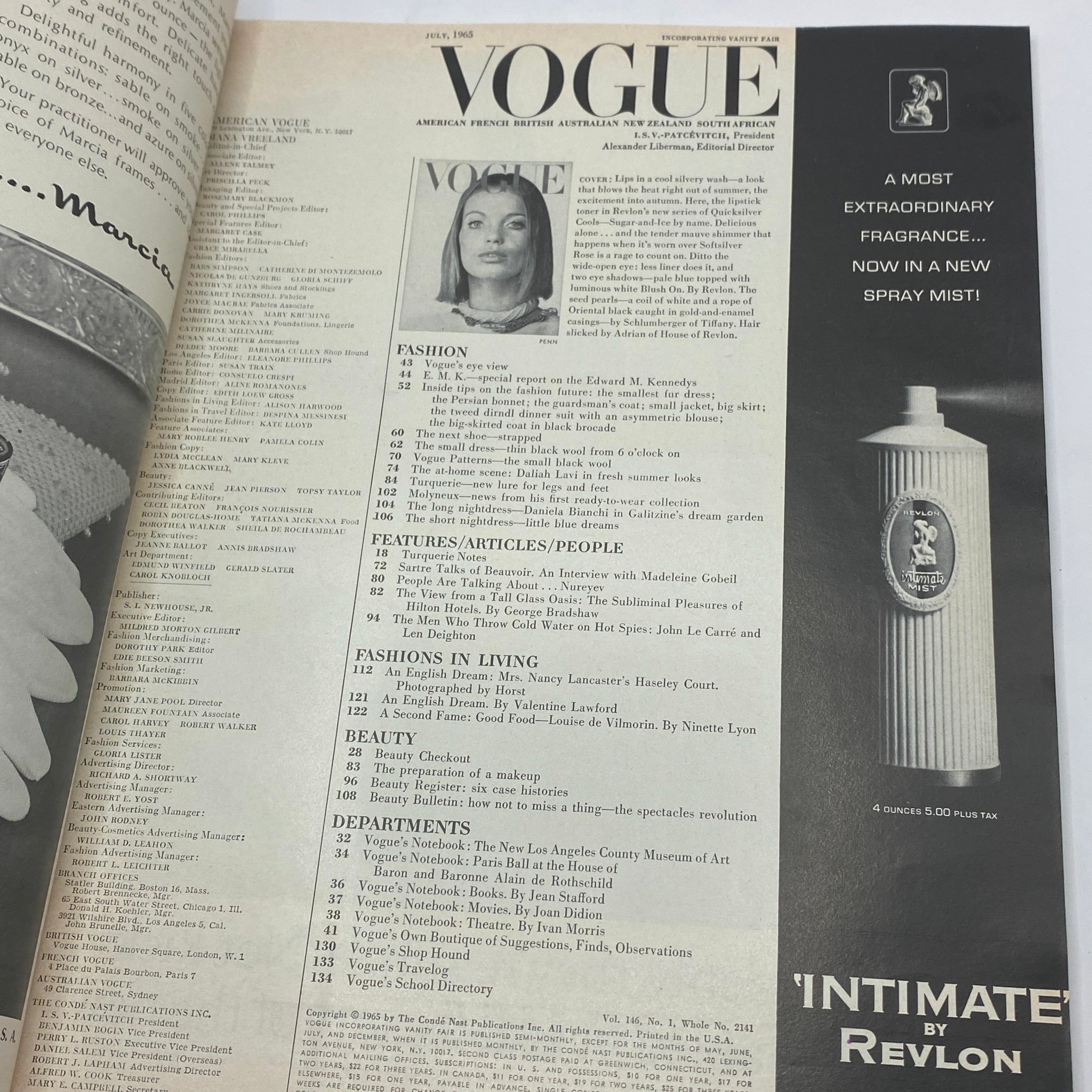 Inside page of VTG Vogue Magazine July 1965, detailing article listings and including a photo of Veruschka von Lehndorff, emphasizing fashion topics.