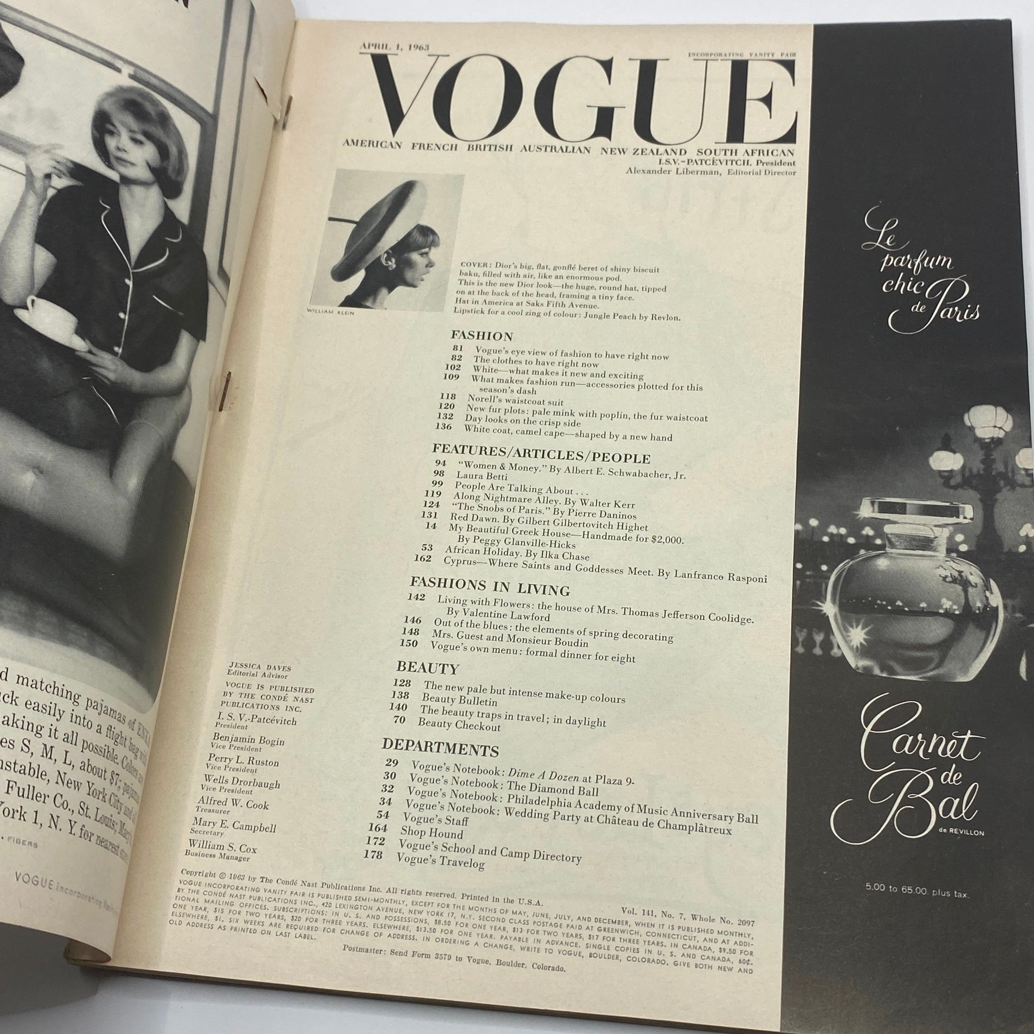 VTG Vogue Magazine April 1 1963 featuring the contents page and cover image of model Jean Shrimpton captured by William Klein, showcasing iconic 1960s fashion and photography.