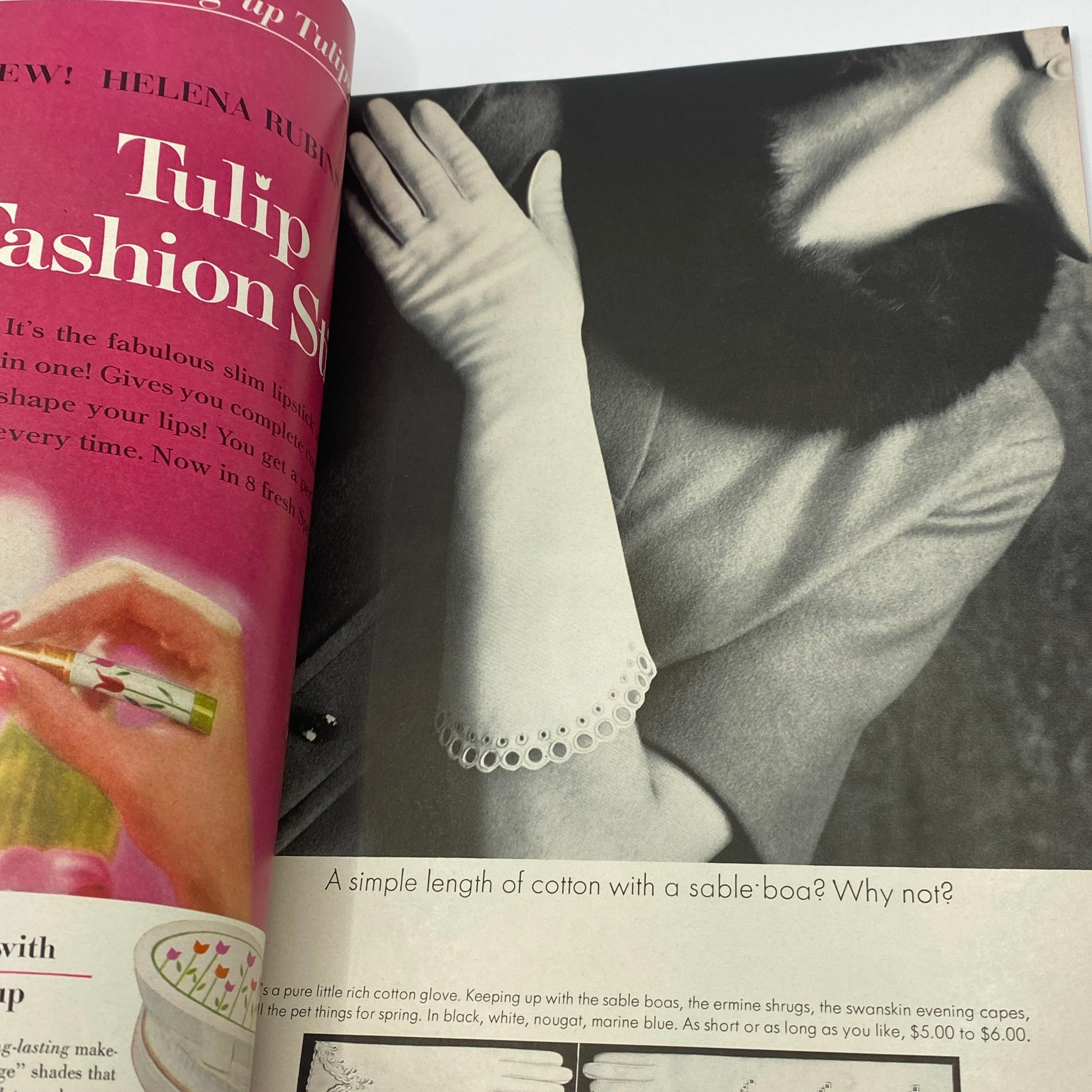VTG Vogue Magazine April 1 1963 highlighting a fashion advertisement for 'Tulip Fashion Sticks' along with a stylish image of a model wearing cotton gloves, representing 1960s fashion trends.