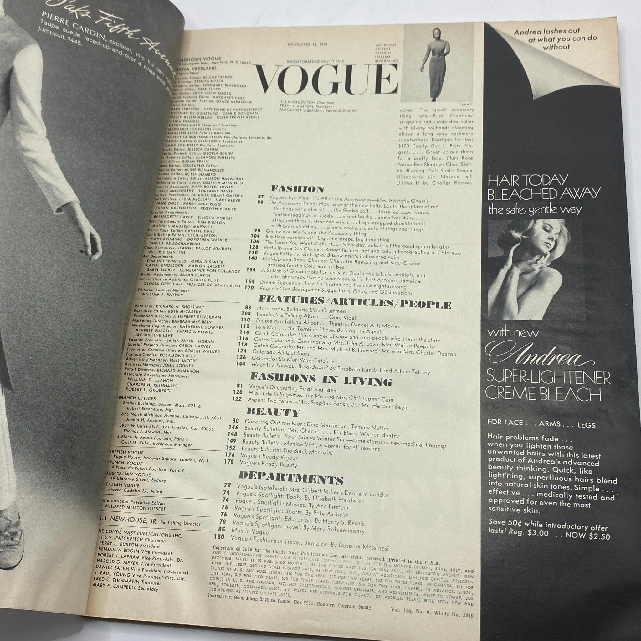 Inside page of VTG Vogue Magazine November 15, 1970 displaying contents and articles on fashion, features, and beauty.