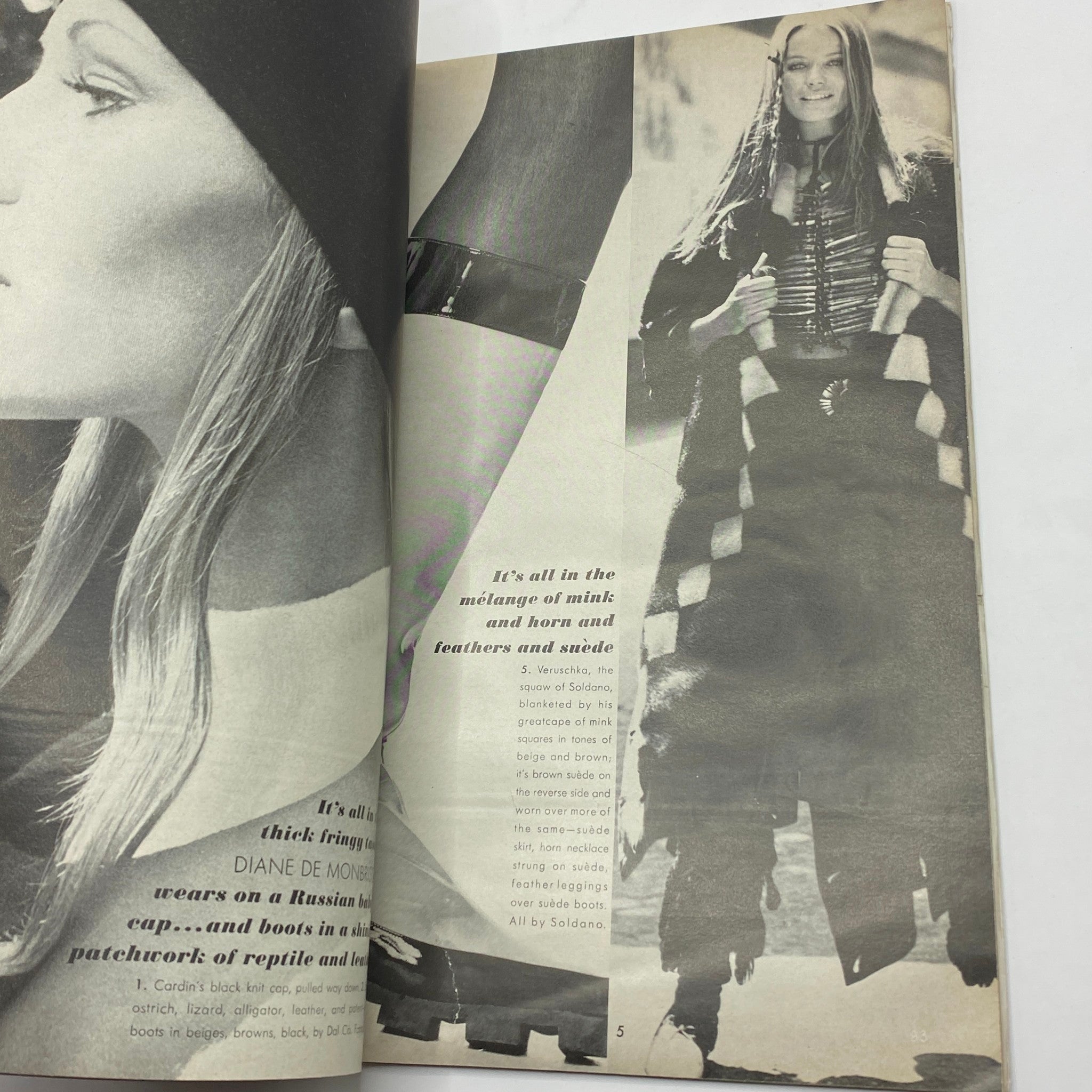 Inside page of VTG Vogue Magazine November 15, 1970 featuring a fashion editorial highlighting various luxurious materials like mink, horn, and suede with models styled in vintage 1970s fashion.
