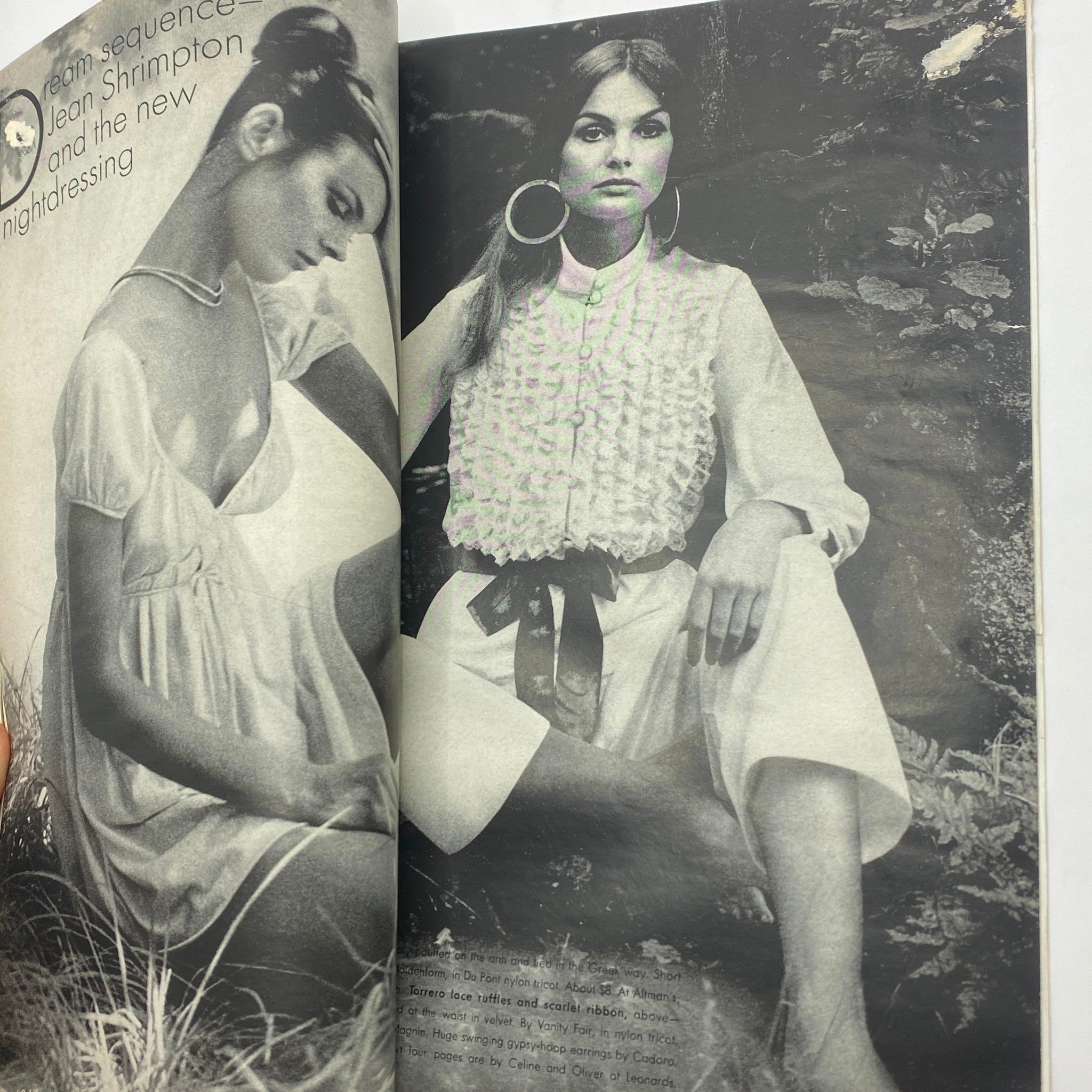 Inside page of VTG Vogue Magazine November 15, 1970 showcasing Jean Shrimpton in elegant nightdressing, capturing the essence of 1970s style with a focus on contemporary fashion trends.