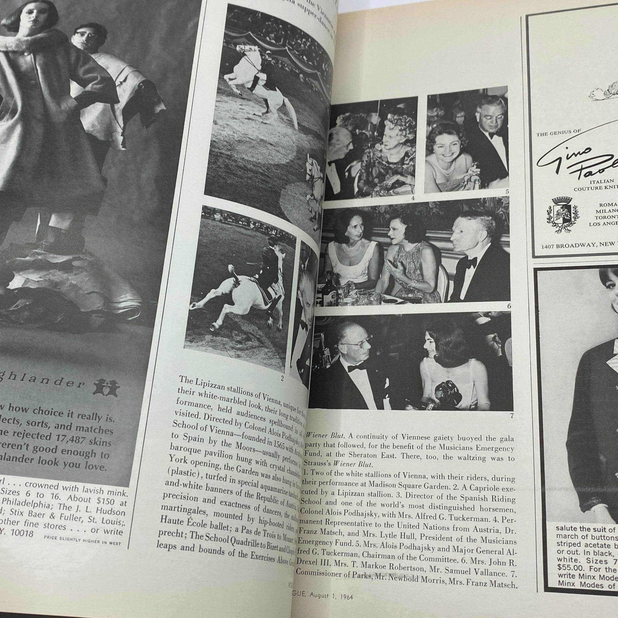 Interior of VTG Vogue Magazine August 1 1964 featuring black and white photographs of Vienna's equestrian events and gala events from the 60s.