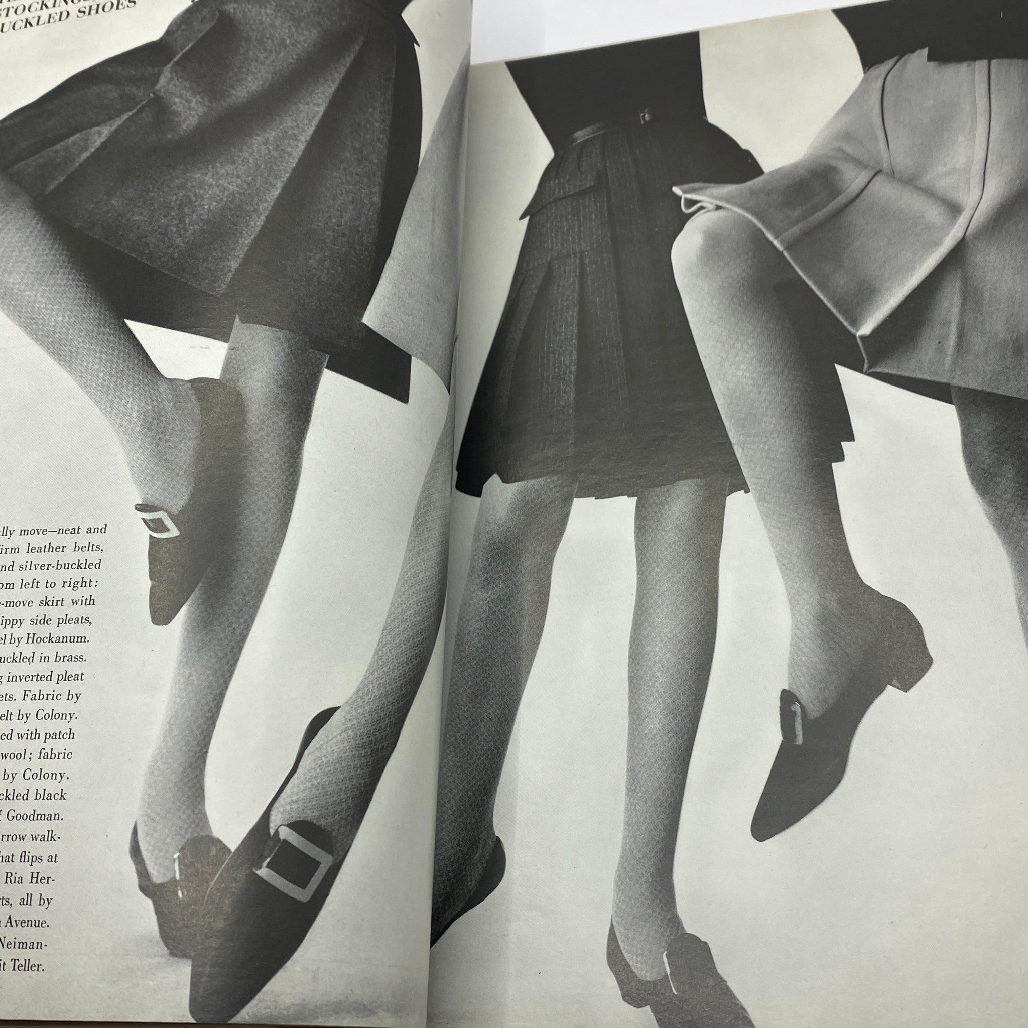 Interior image from VTG Vogue Magazine August 1 1964 displaying a stylish fashion spread of women’s legs in skirts and shoes, illustrating 60s fashion trends.