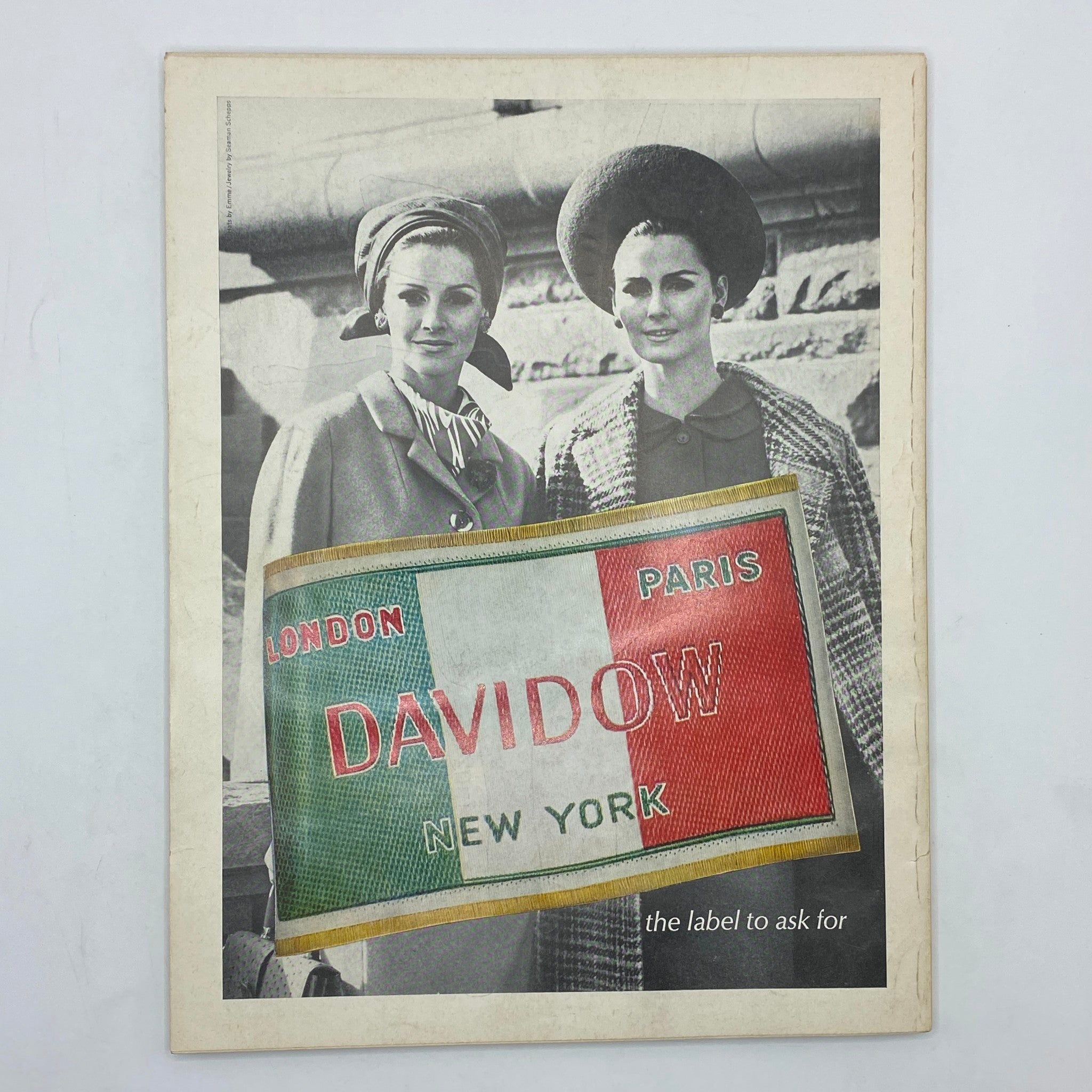 Cover image of VTG Vogue Magazine August 1 1966, displaying two models with a prominent advertisement for Davidow, emphasizing vintage fashion style.