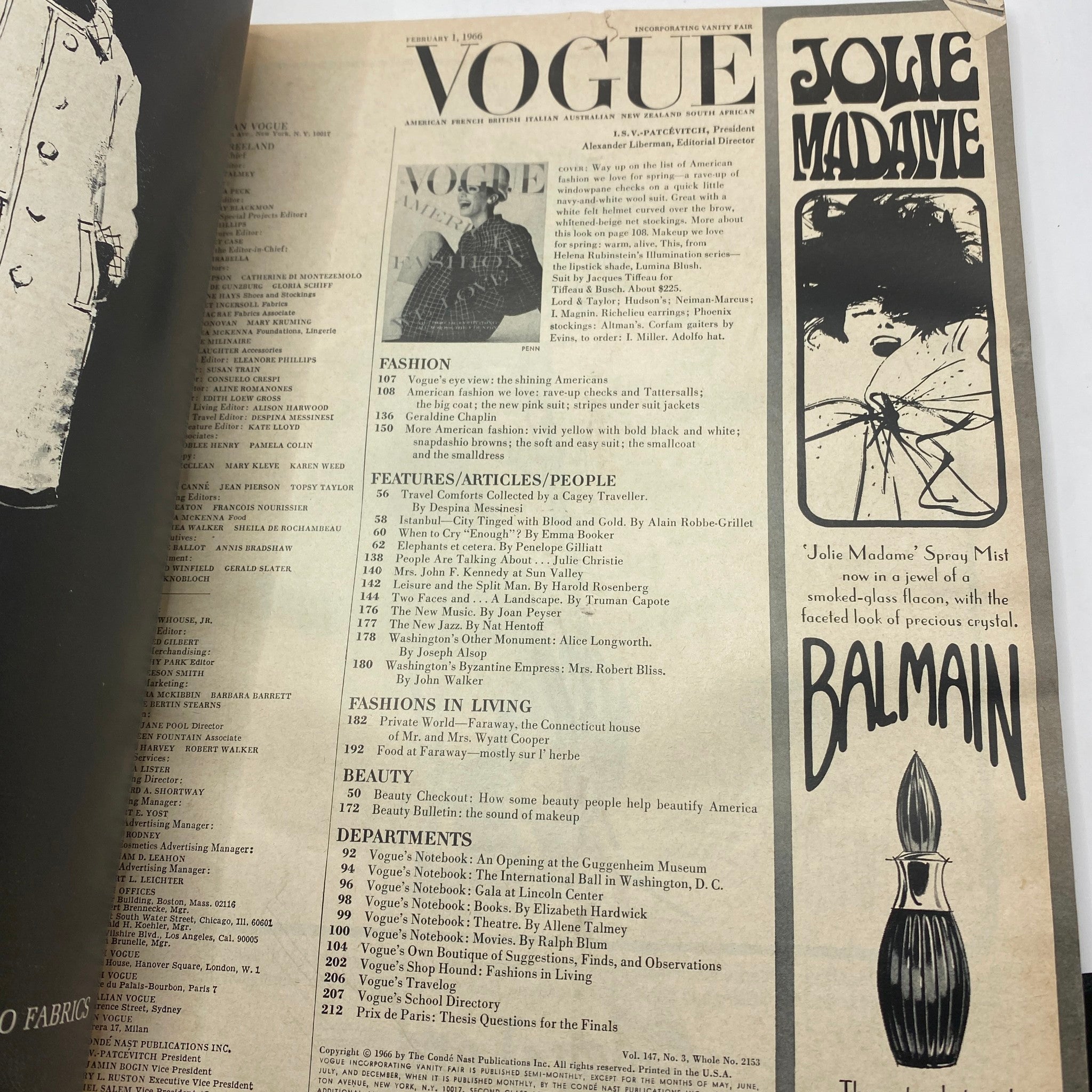 Inside page of VTG Vogue Magazine February 1 1966 showcasing magazine contents and notable articles with a stylish layout.