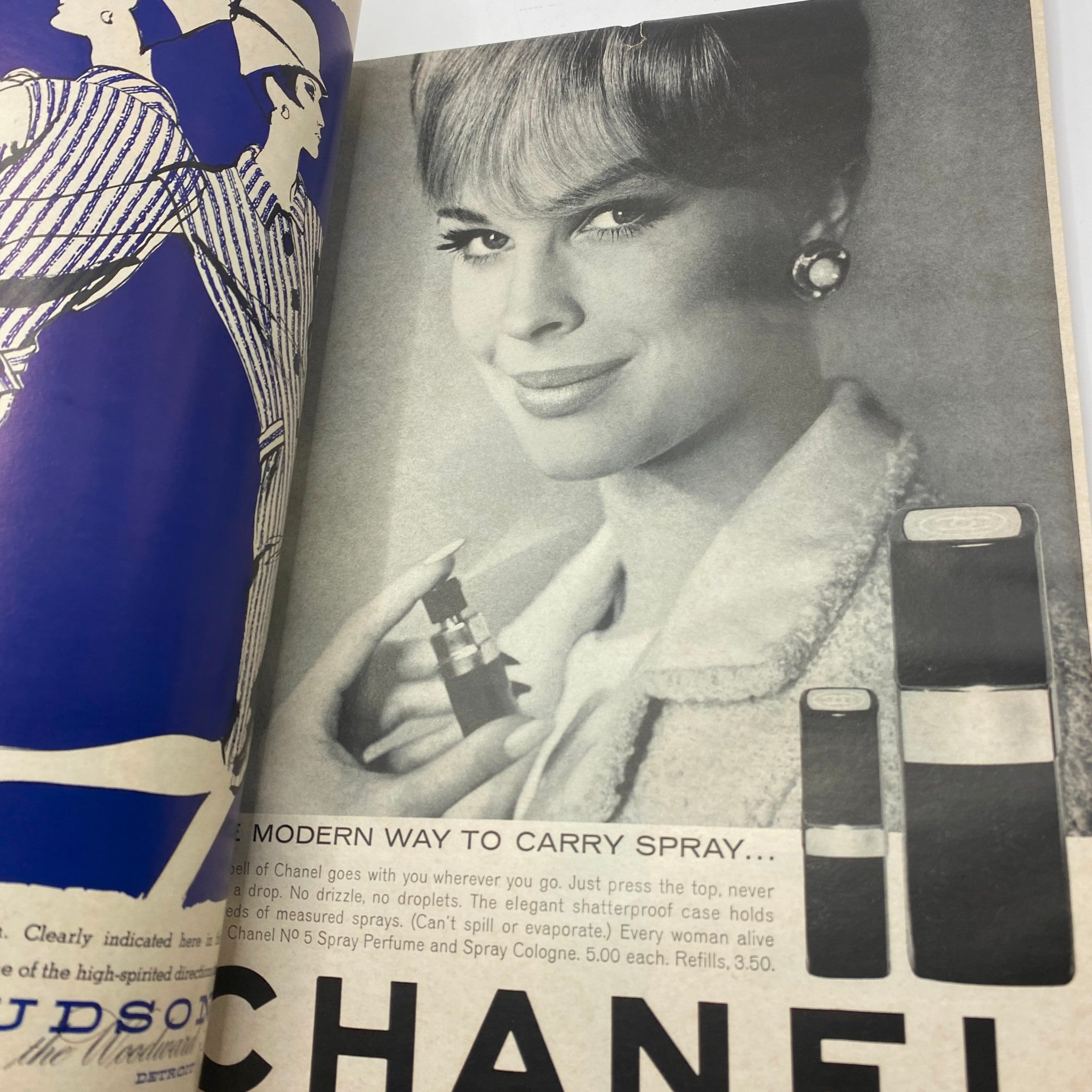 Vintage advertisement in VTG Vogue Magazine February 1 1966 featuring a model promoting Chanel No 5 Spray Perfume, highlighting classic beauty.