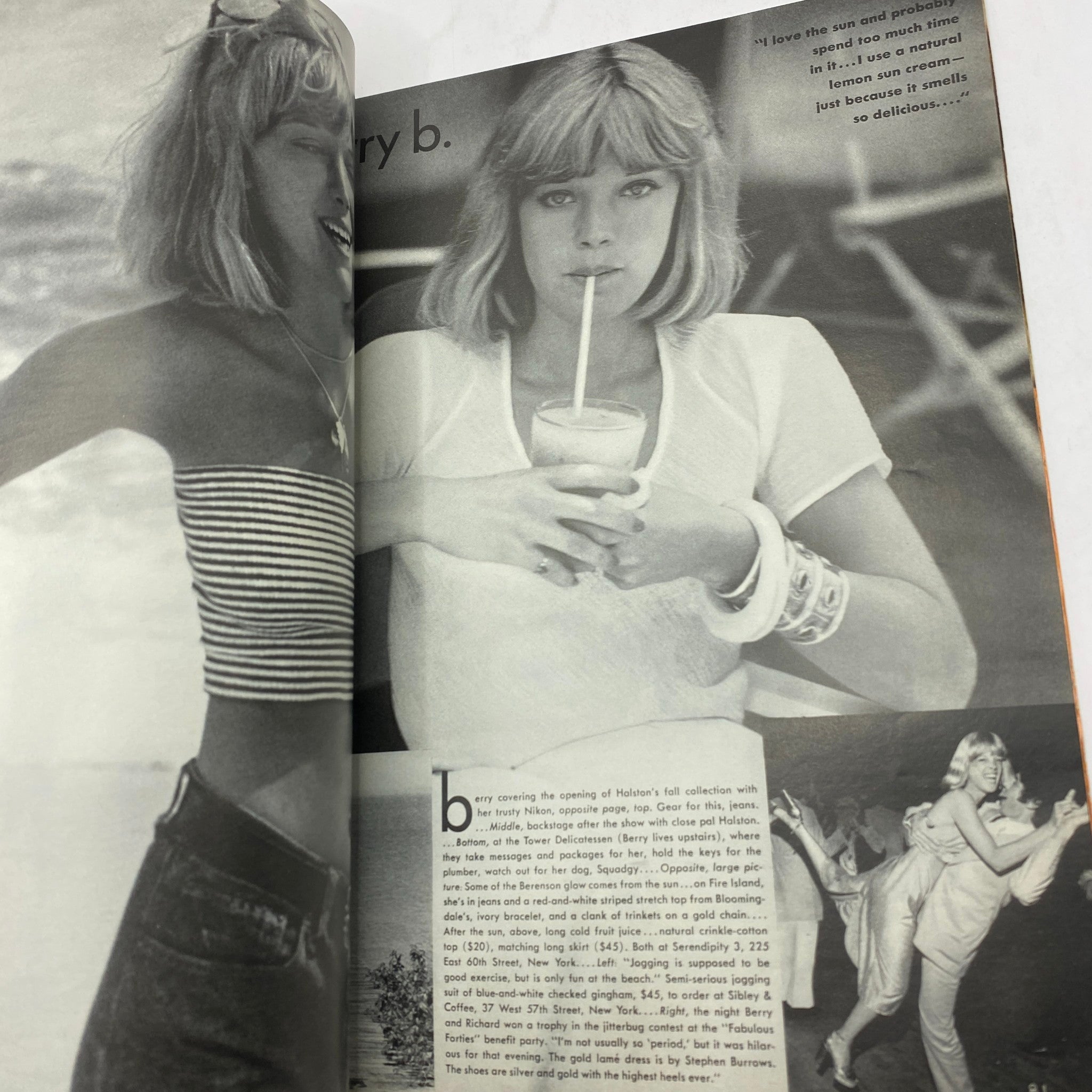 Black and white image from VTG Vogue Magazine August 1 1972 showing a model enjoying a drink, reflecting the laid-back style of the 1970s fashion era.
