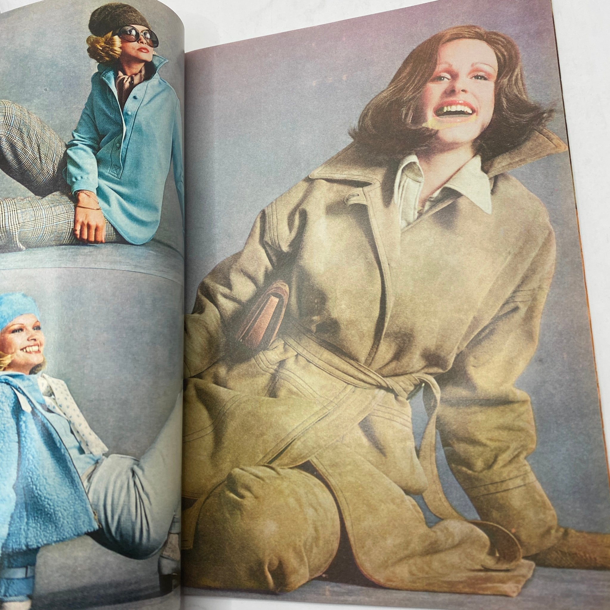 Color photograph from VTG Vogue Magazine August 1 1972 showcasing models in fashionable outfits, exemplifying the vibrant trends of the early 1970s.