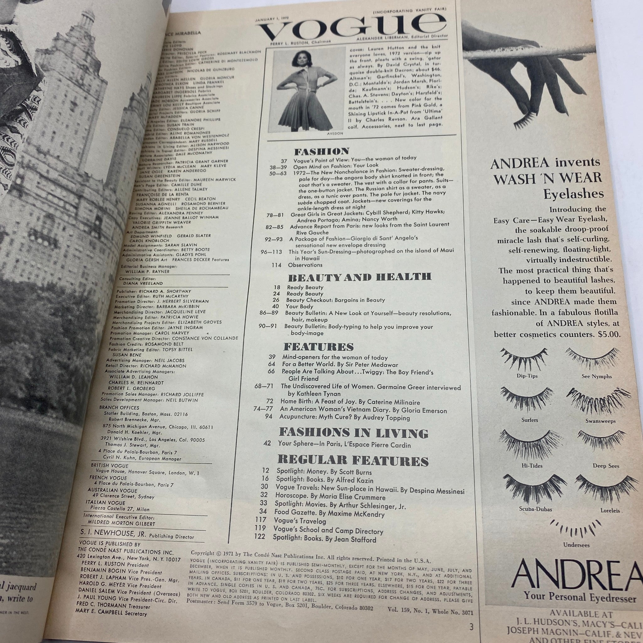 Interior page of VTG Vogue Magazine January 1, 1972 featuring a table of contents with fashion, beauty, and health sections, capturing the essence of 1970s style.