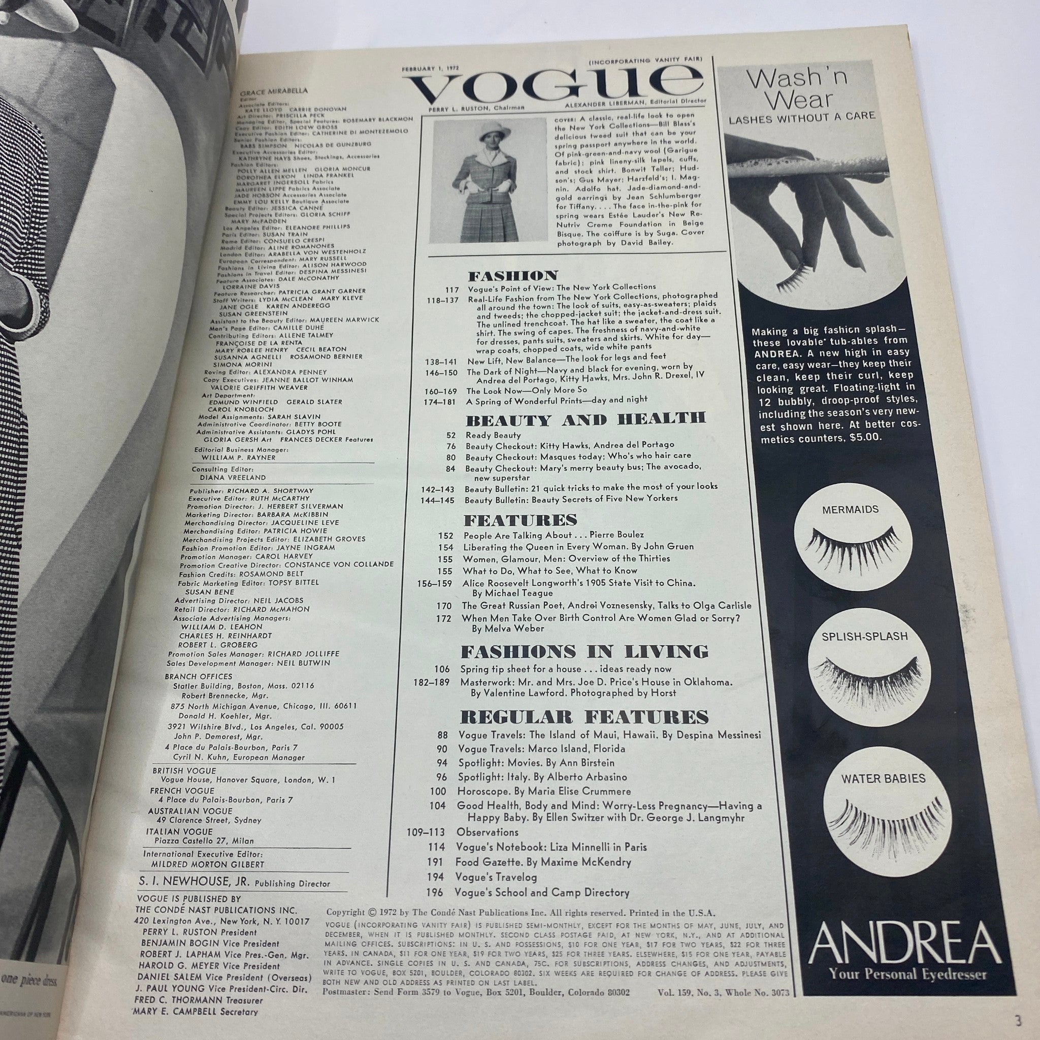 Interior page of VTG Vogue Magazine February 1 1972 displaying the contents layout with fashion and beauty features.