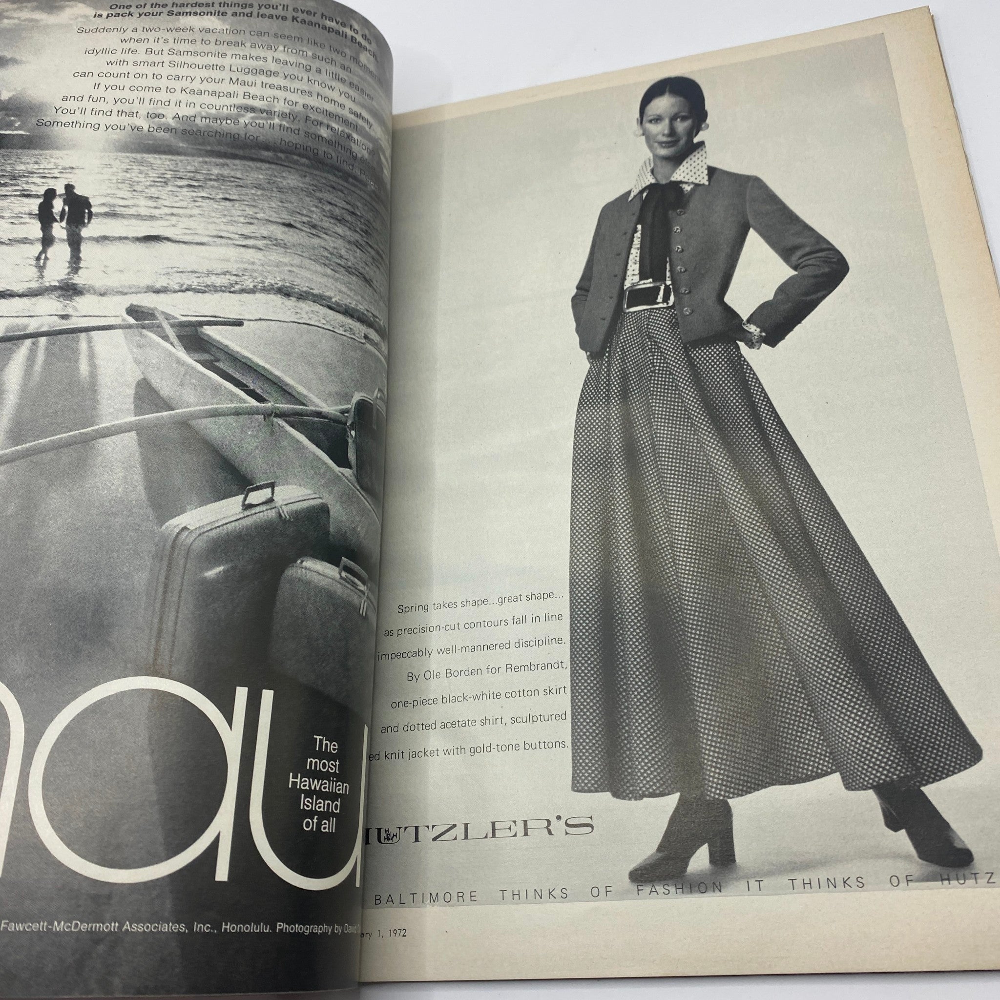 VTG Vogue Magazine February 1 1972 featuring a model in a stylish outfit, showcasing early 70s fashion photography by David Bailey.