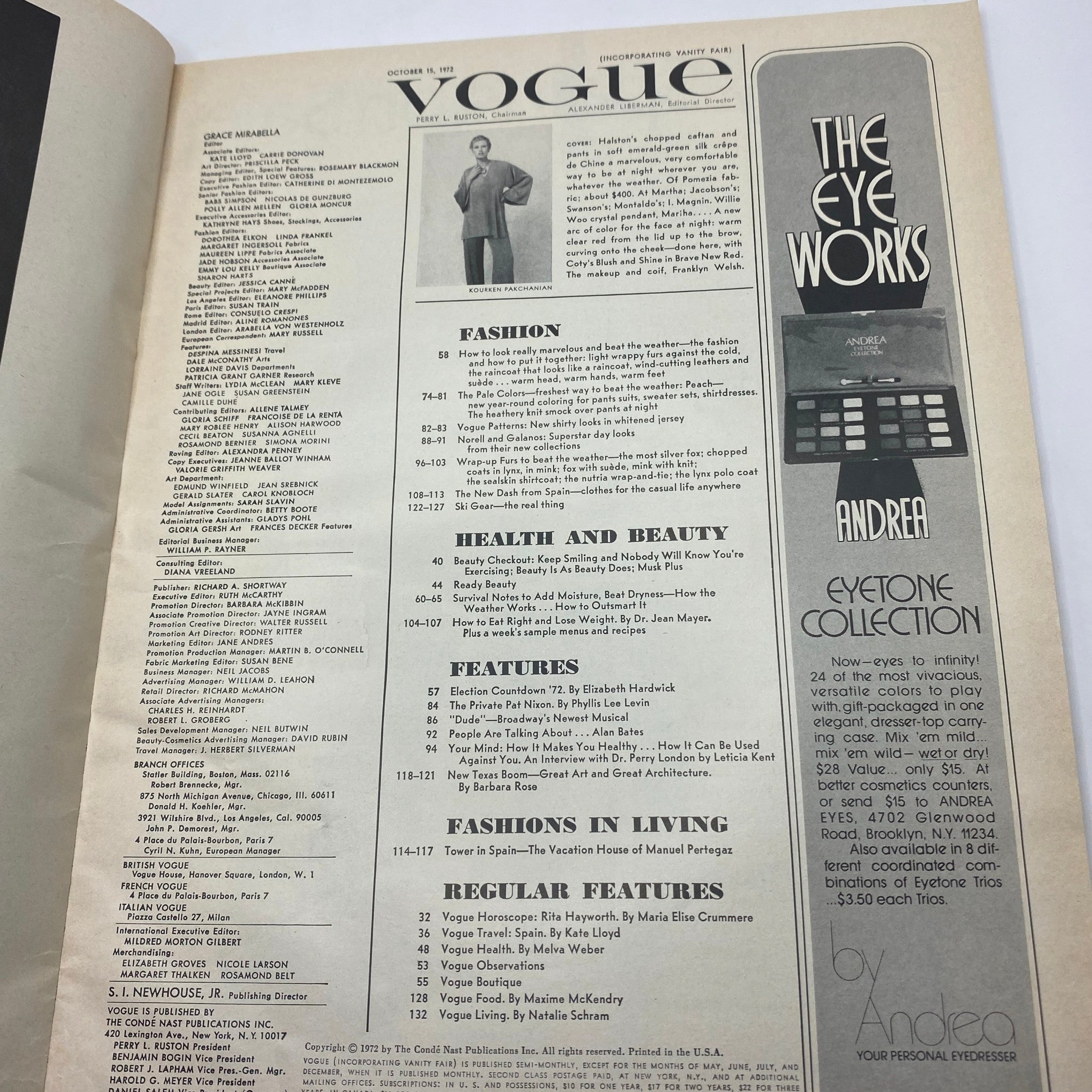 Interior page of VTG Vogue Magazine October 15 1972, featuring the table of contents with a photograph by Kourken P and listings of articles on fashion and beauty.