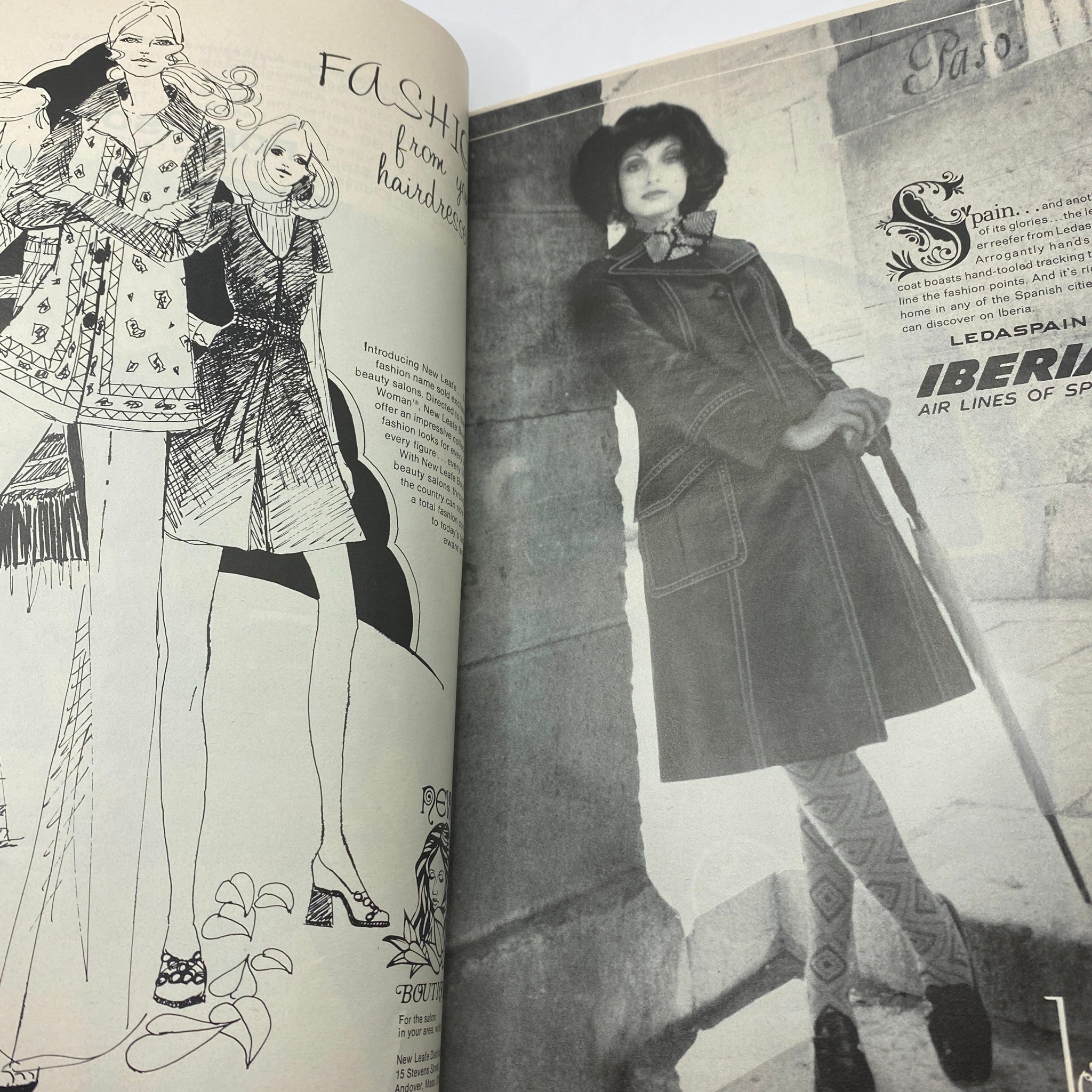 Fashion illustrations and photography from VTG Vogue Magazine October 15 1972, showcasing stylish outfits and a model in a vintage coat.