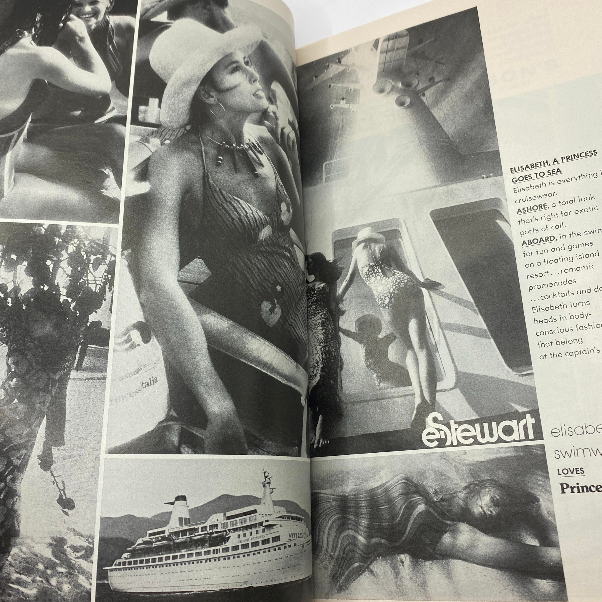 Black and white spread from VTG Vogue Magazine October 15 1972, highlighting swimwear fashion and nautical themes with models aboard a cruise ship.