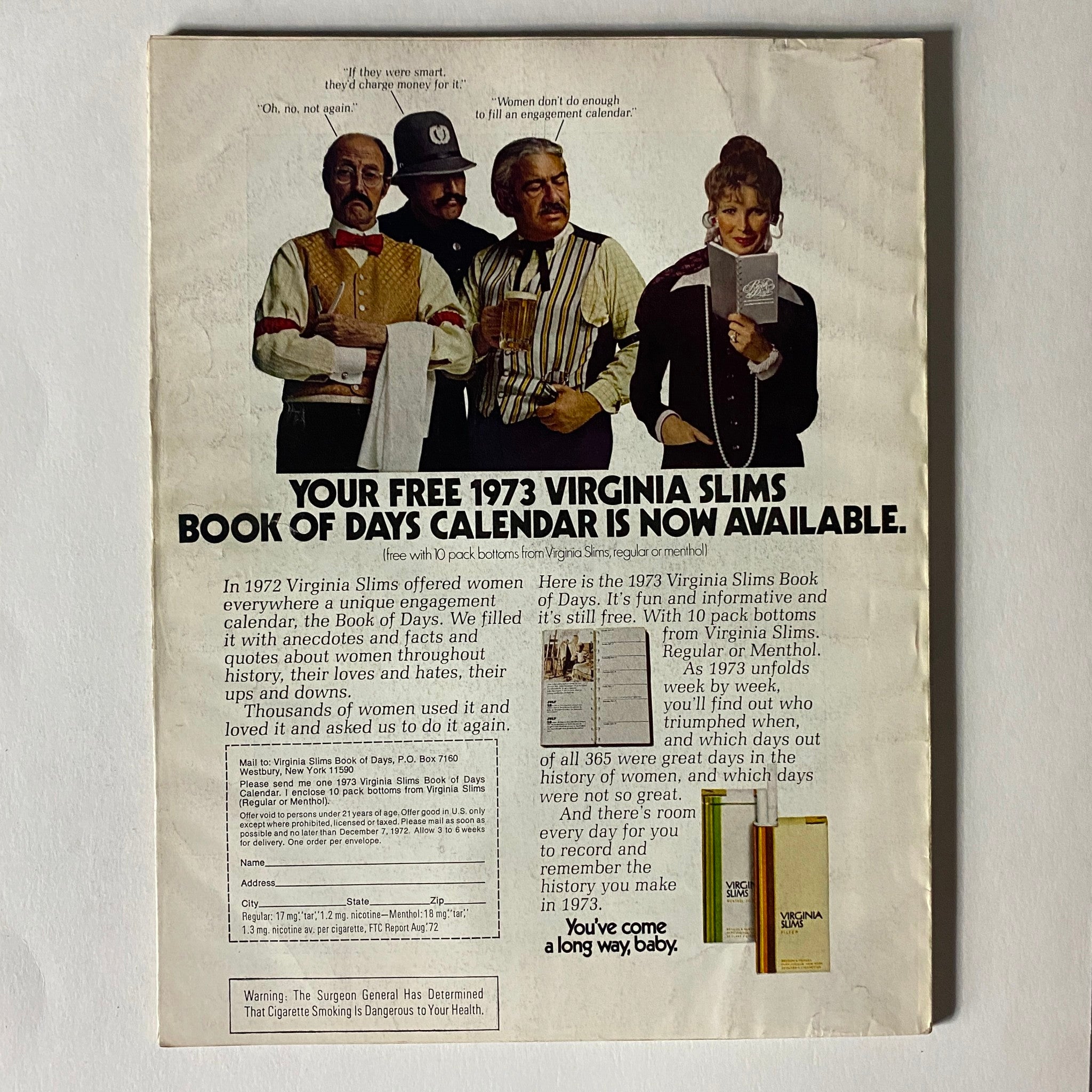 Advertisement from VTG Vogue Magazine October 15 1972, promoting the 1973 Virginia Slims Book of Days calendar with a vintage-style illustration.