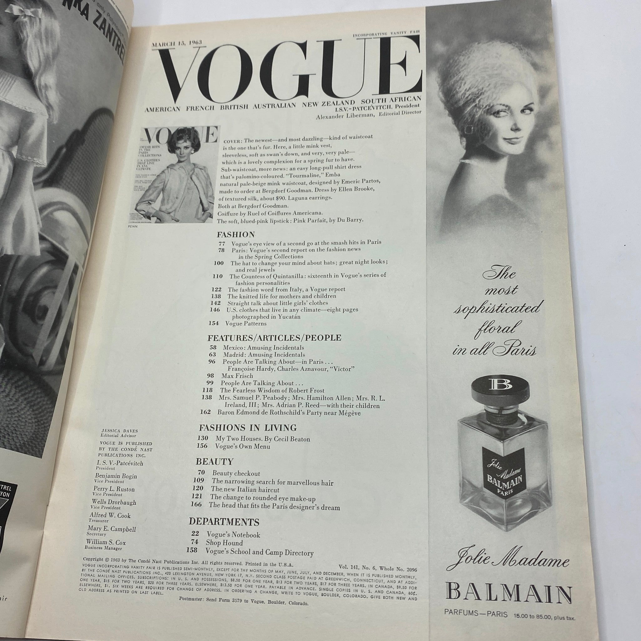Interior page of VTG Vogue Magazine March 15 1963 featuring contents listing and iconic fashion imagery, showcasing the classic style and design of the era.
