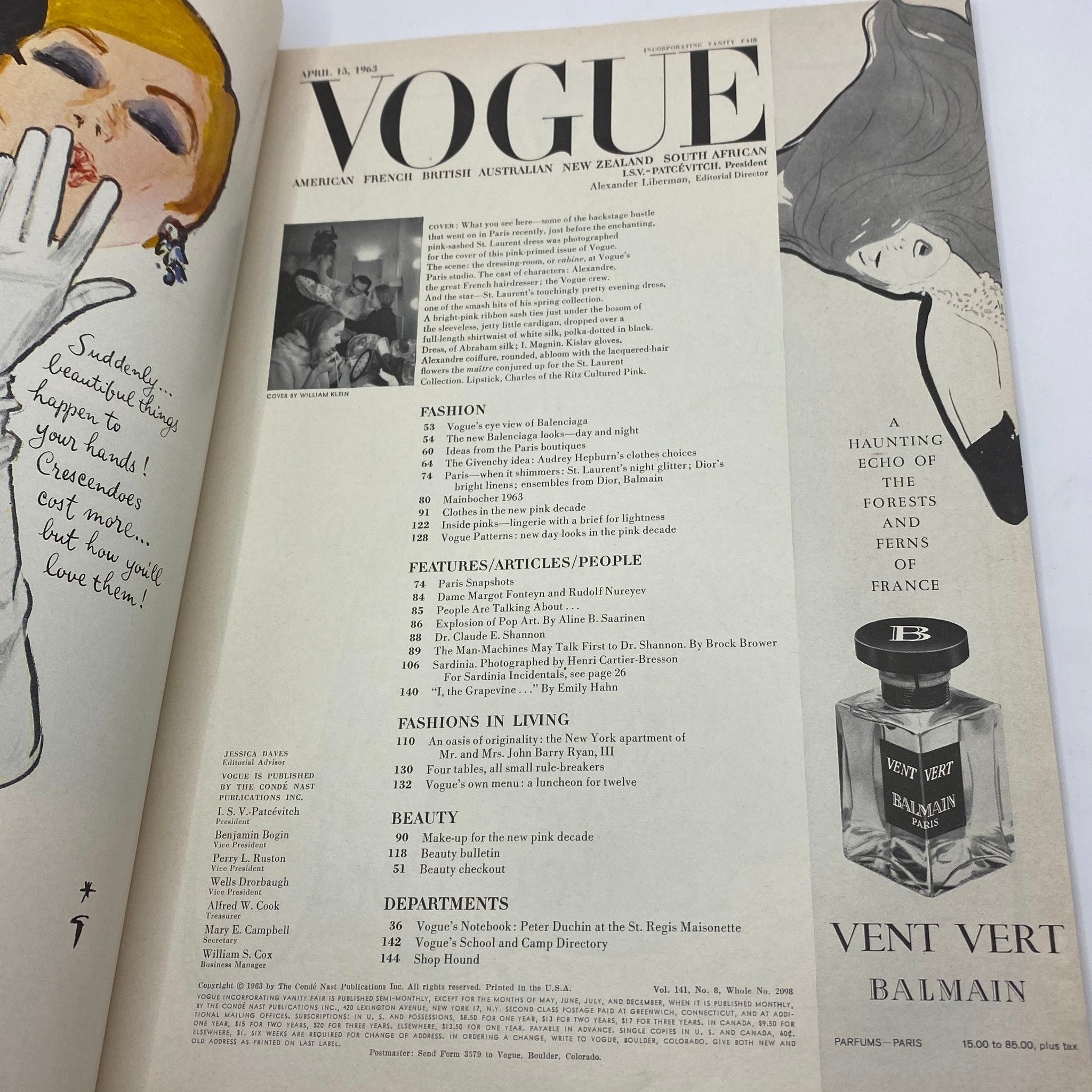 Interior page of VTG Vogue Magazine April 15 1963 featuring the iconic cover by William Klein, showcasing a vintage fashion layout and advertisements.