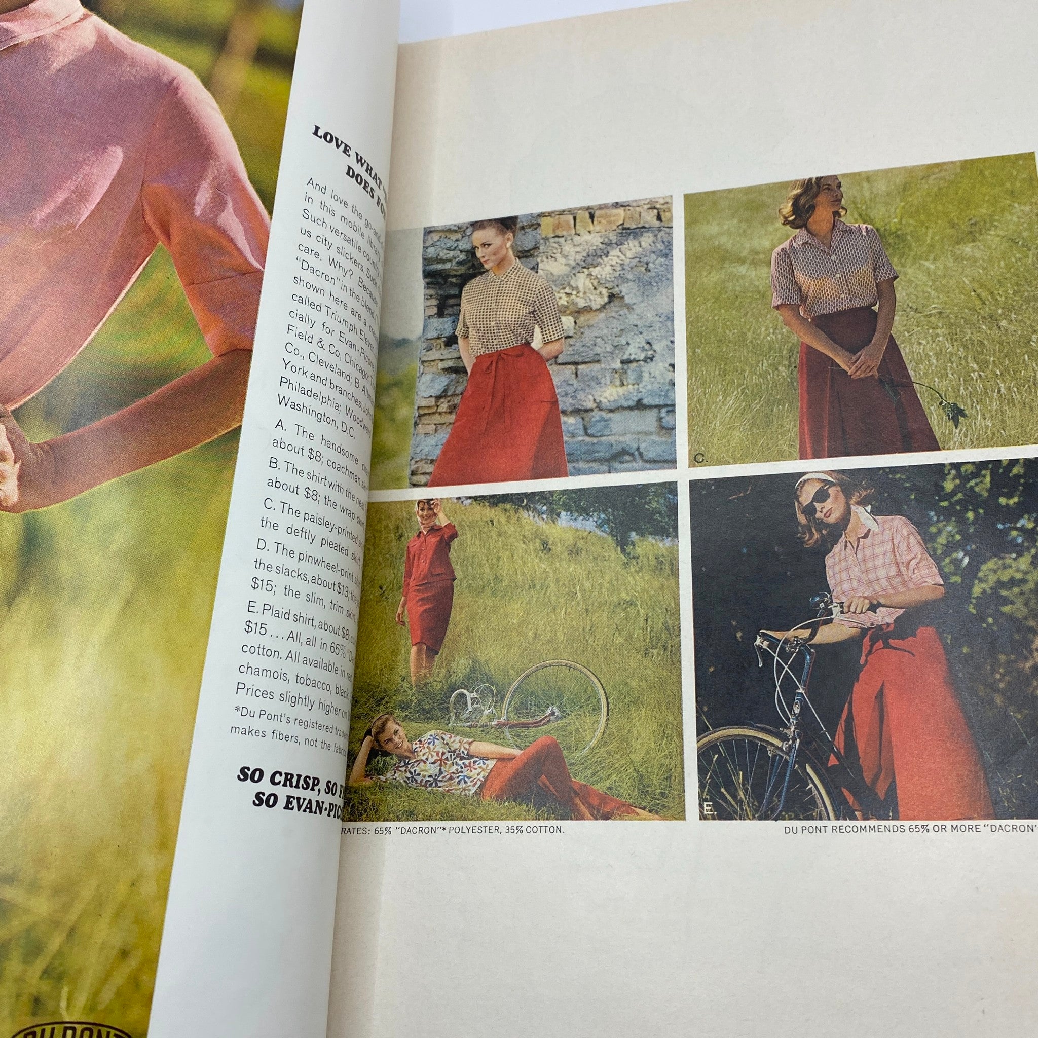 Interior fashion spread from VTG Vogue Magazine April 15 1963, displaying models in stylish outfits, highlighting 1960s fashion trends and vibrant colors.