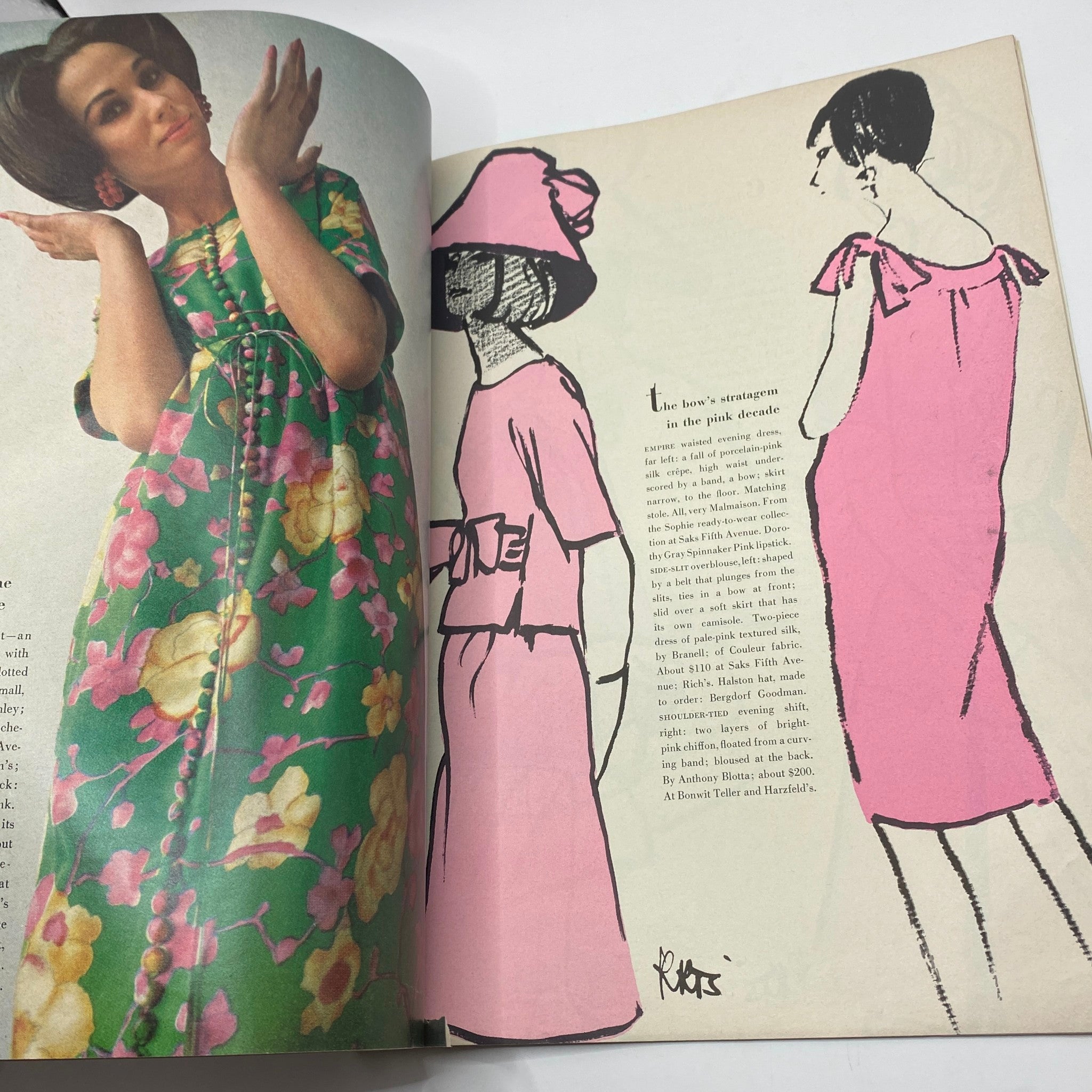 Interior illustration and fashion details from VTG Vogue Magazine April 15 1963, featuring elegant outfits and sketches, representing the essence of 1960s style.